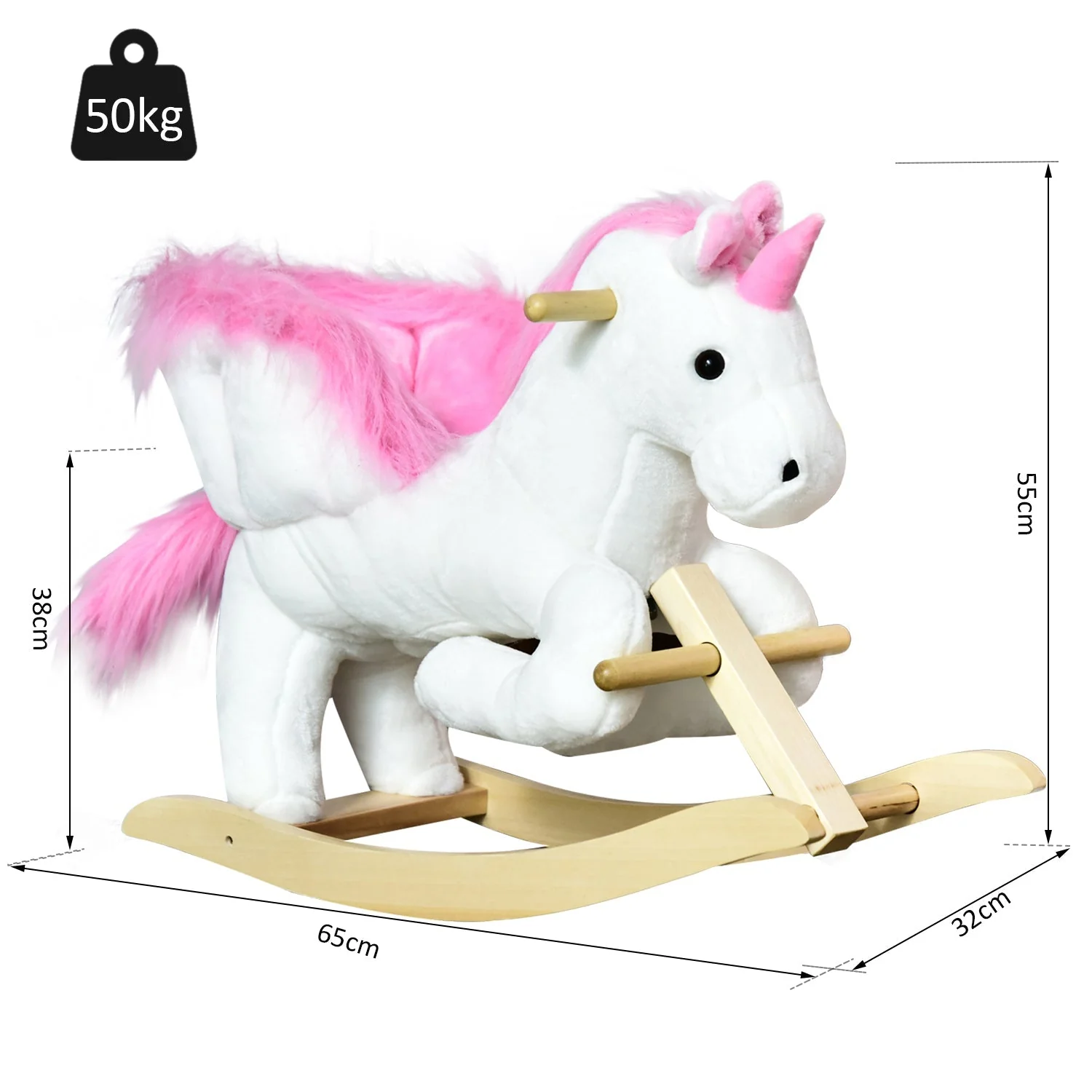 Unicorn Rocking Horse Kids Wooden Ride On Plush Toy w/ Music - Image 3