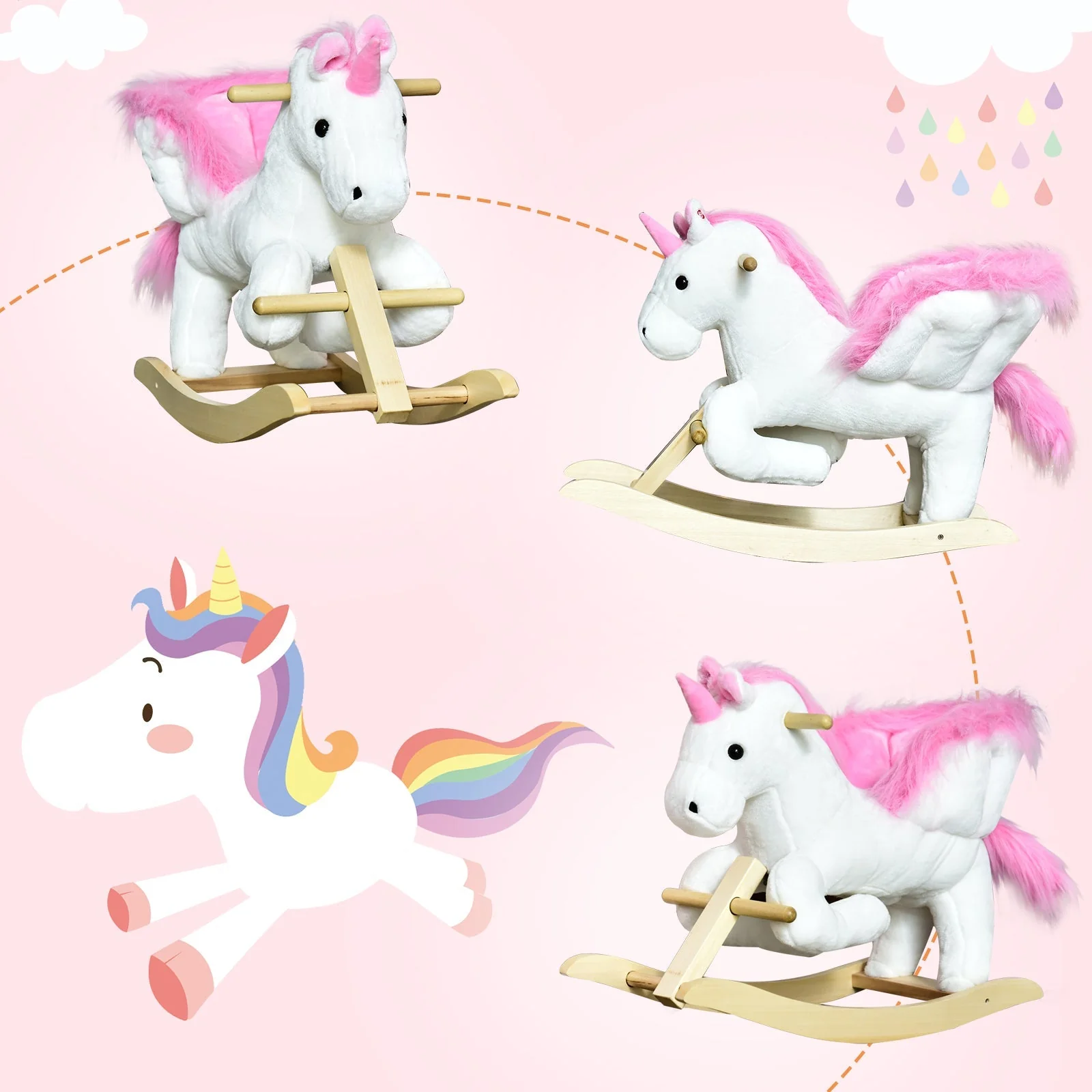 Unicorn Rocking Horse Kids Wooden Ride On Plush Toy w/ Music - Image 7