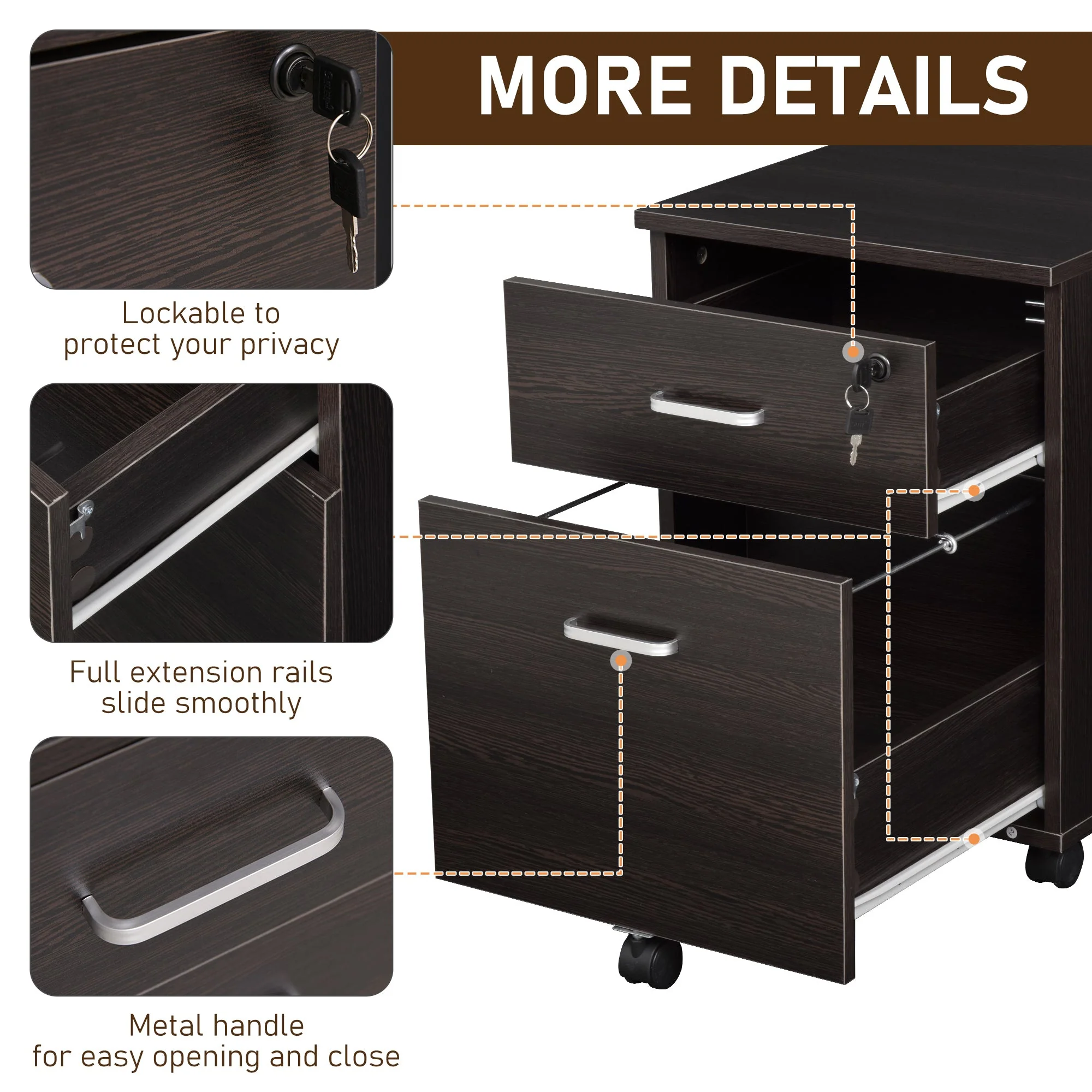 Vinsetto 2-Drawer Locking Office Filing Cabinet w/ 5 Wheels Rolling Storage Hanging Legal Letter Files Cupboard Home Organisation Black - Image 7