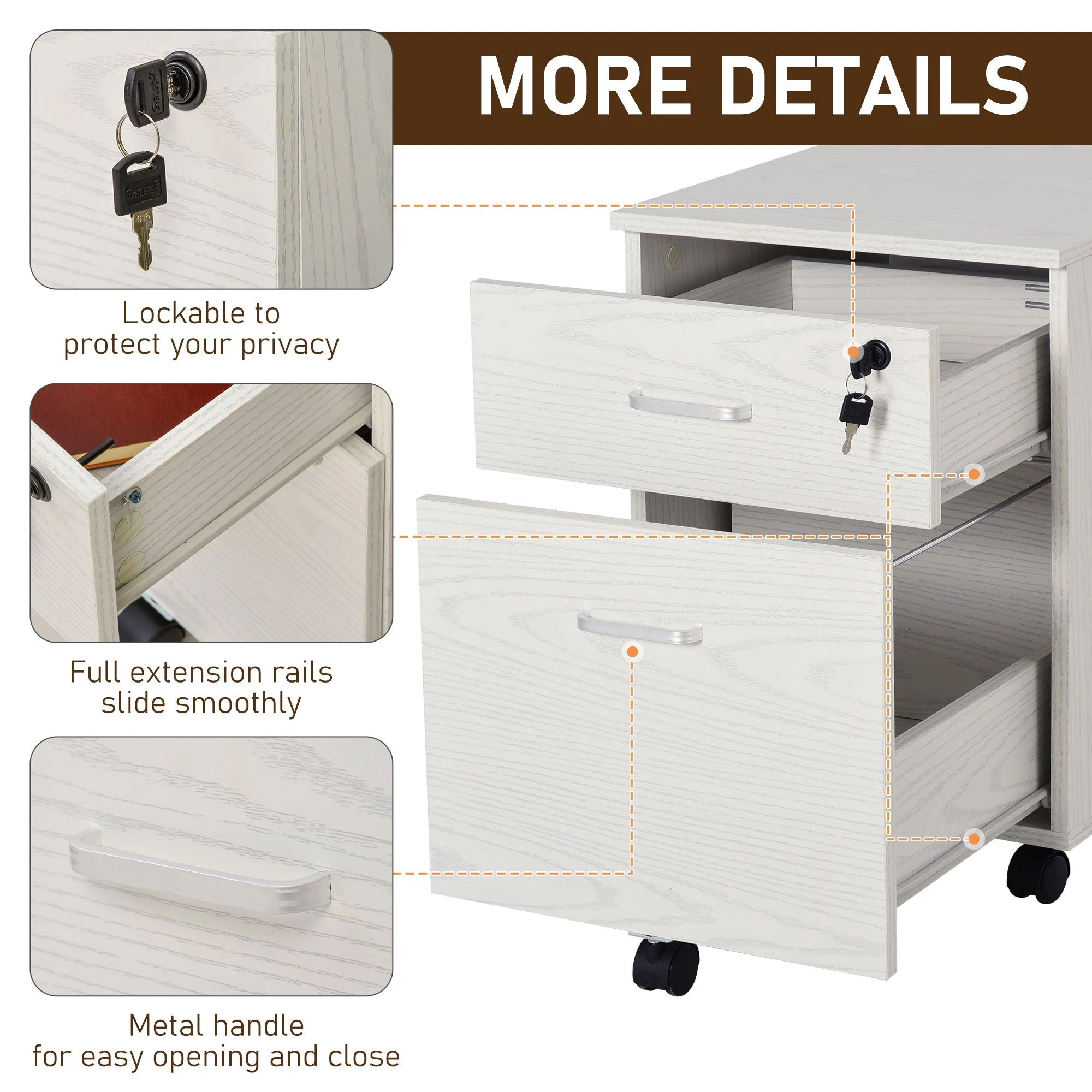 Vinsetto 2-Drawer Locking Office Filing Cabinet w/ 5 Wheels Rolling Storage Hanging Legal Letter Files Cupboard Home Organisation White - Image 5