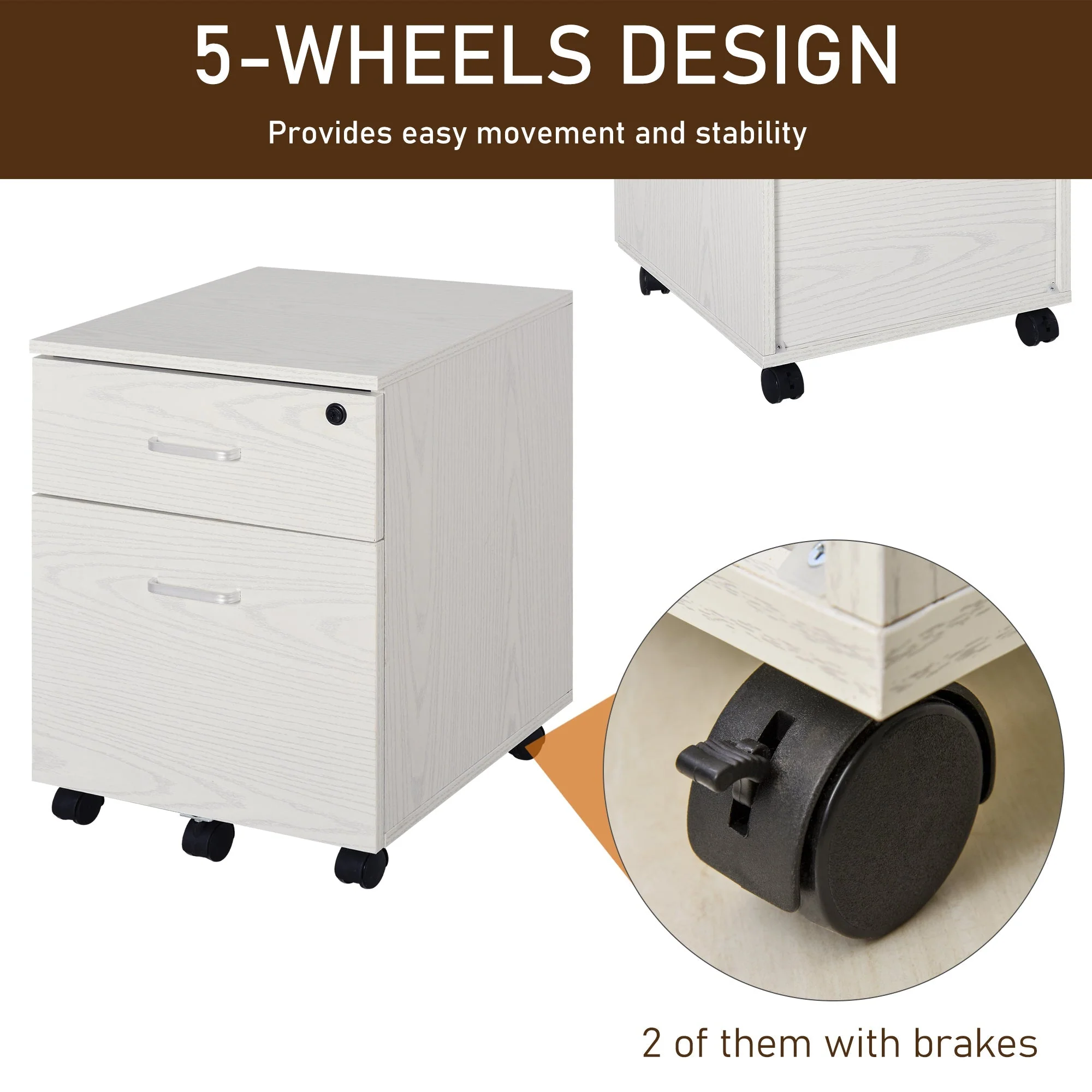 Vinsetto 2-Drawer Locking Office Filing Cabinet w/ 5 Wheels Rolling Storage Hanging Legal Letter Files Cupboard Home Organisation White - Image 7