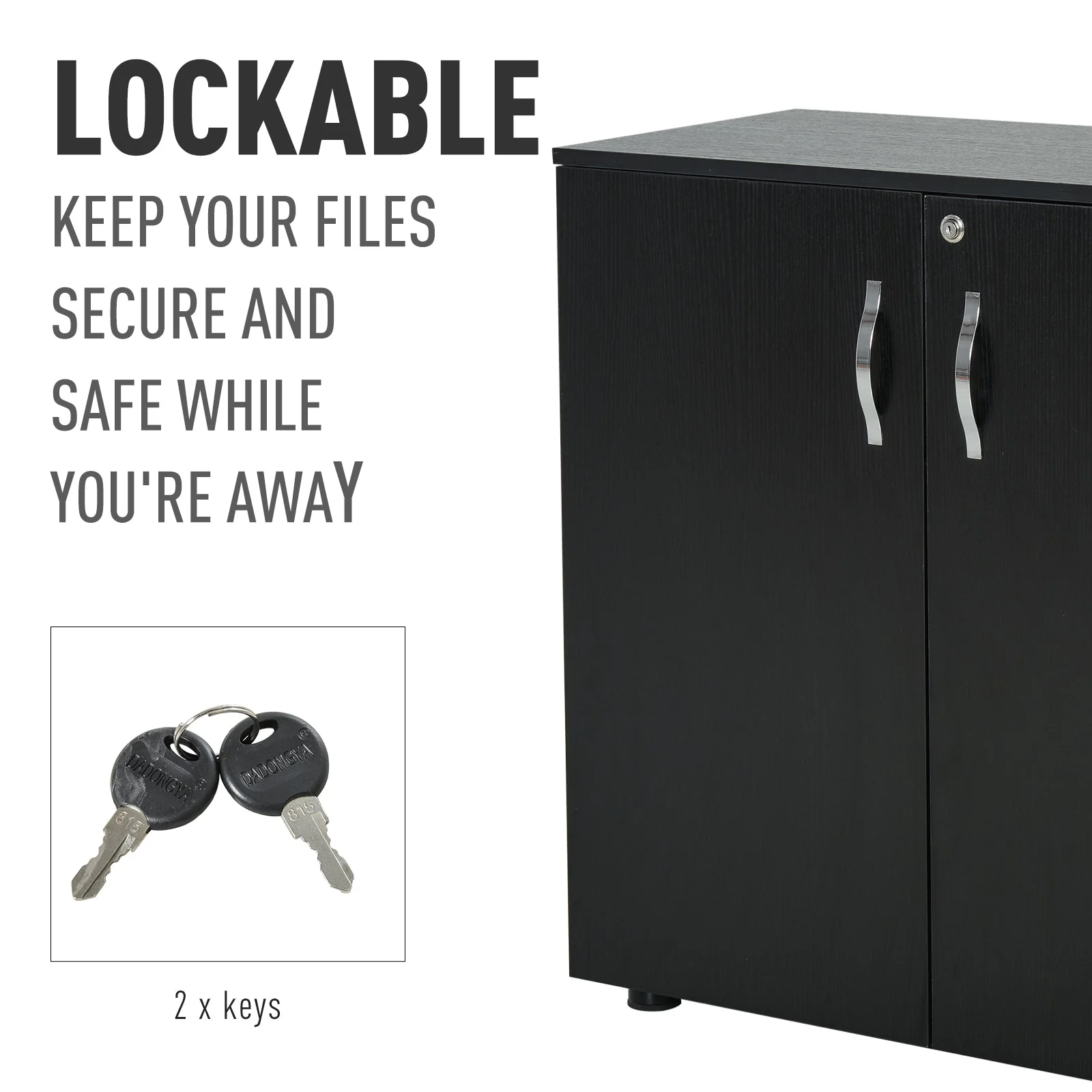 Vinsetto 2-Tier Locking Office Storage Cabinet File Organisation w/ Feet Melamine Coating Aluminium Handles 2 Keys Stylish Black - Image 9