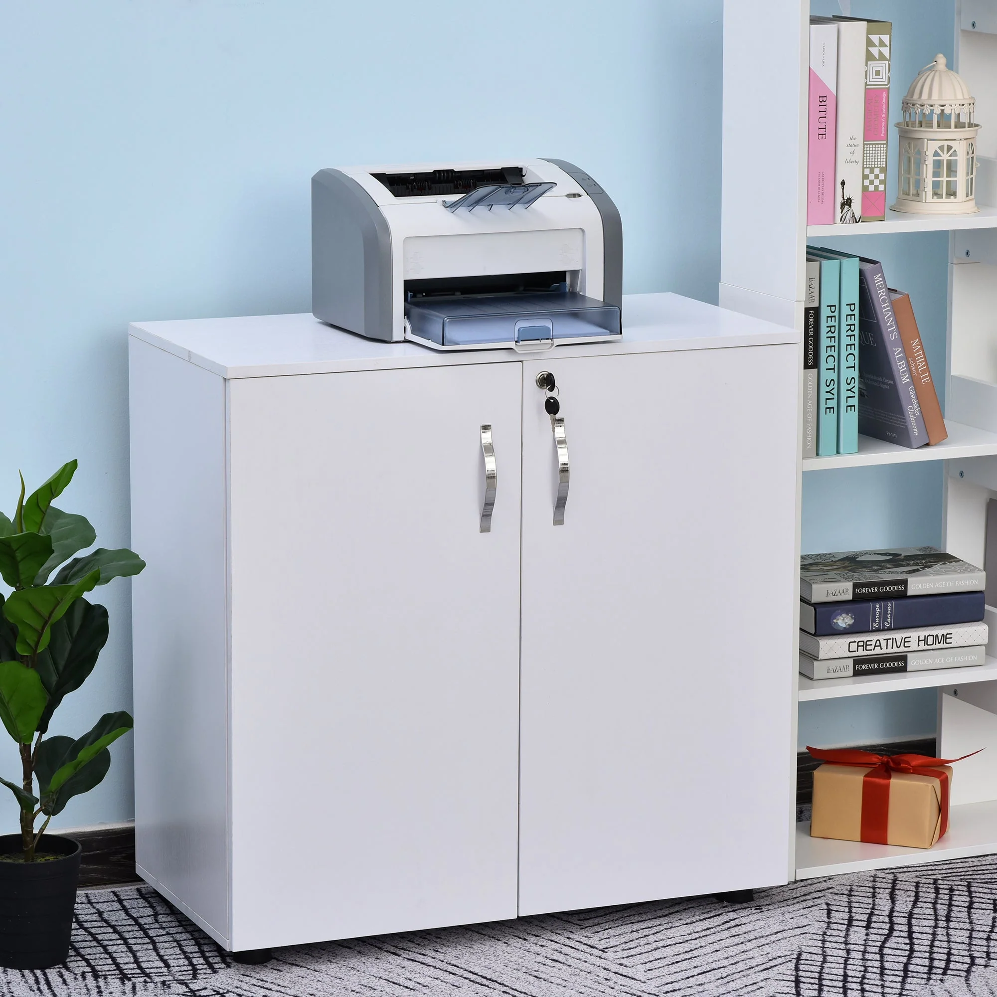 Vinsetto 2-Tier Locking Office Storage Cabinet File Organisation w/ Feet Melamine Coating Aluminium Handles 2 Keys Stylish White - Image 2