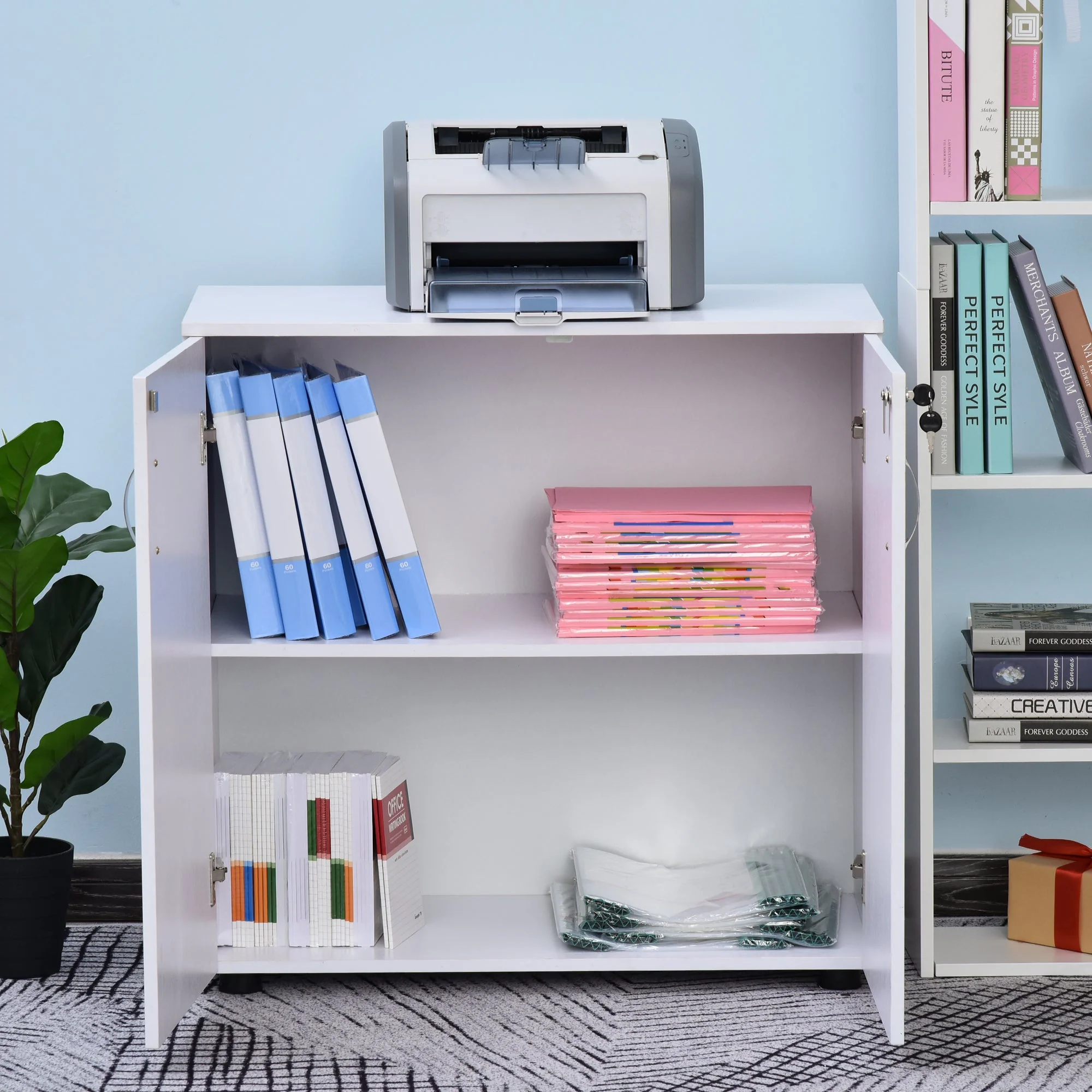 Vinsetto 2-Tier Locking Office Storage Cabinet File Organisation w/ Feet Melamine Coating Aluminium Handles 2 Keys Stylish White - Image 9