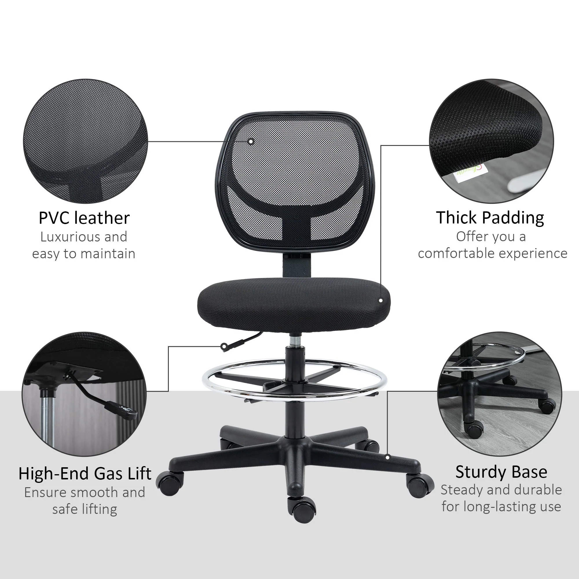 Vinsetto Ergonomic Mesh Standing Desk Chair with Adjustable Footrest Ring and Seat Height Black - Image 8