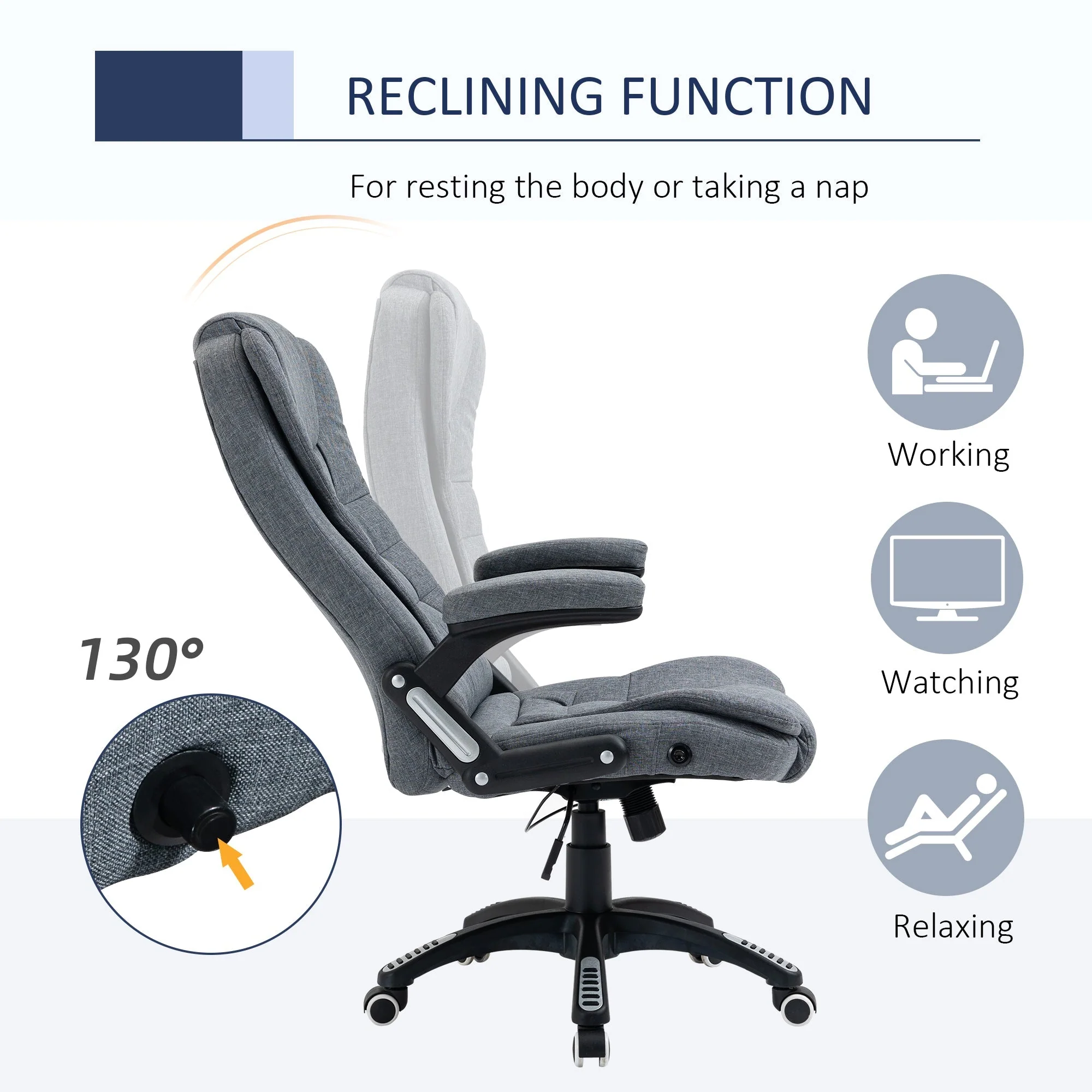 Vinsetto Ergonomic Office Chair Comfortable Desk Chair with Armrests Adjustable Height Reclining and Tilt Function Dark Grey - Image 6