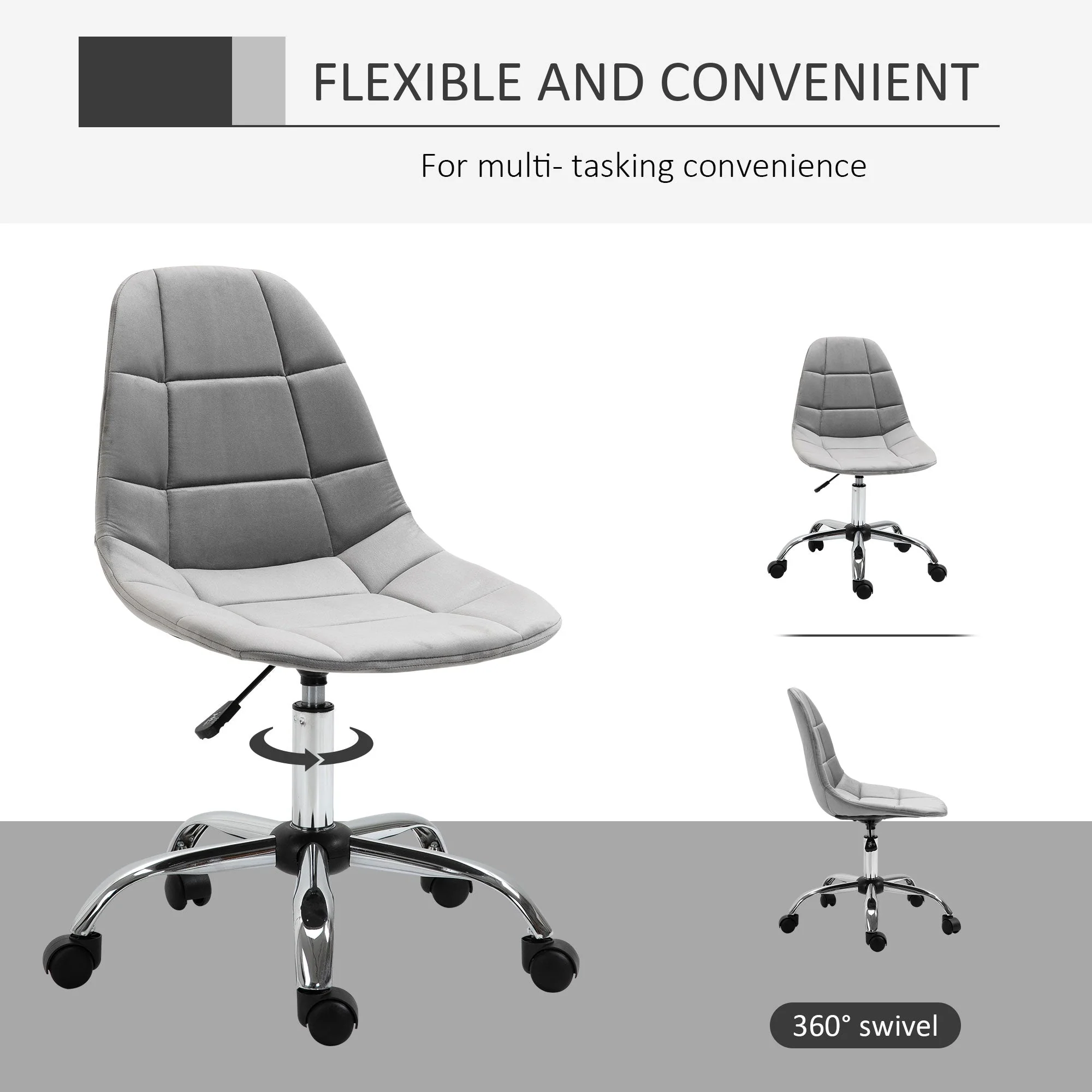 Vinsetto Ergonomic Office Chair Velvet Computer Home Study Chair Armless With Wheels Grey - Image 4