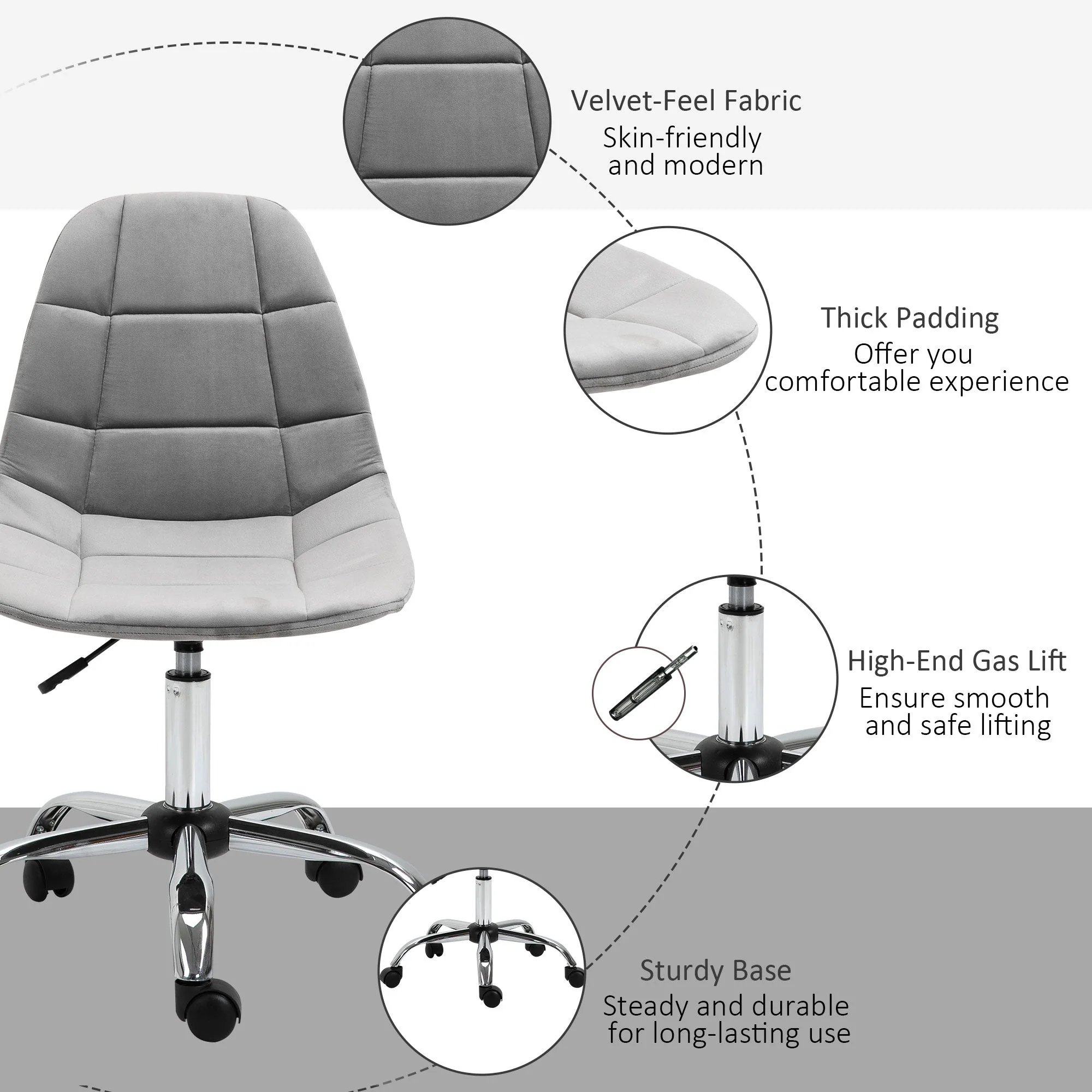 Vinsetto Ergonomic Office Chair Velvet Computer Home Study Chair Armless With Wheels Grey - Image 6