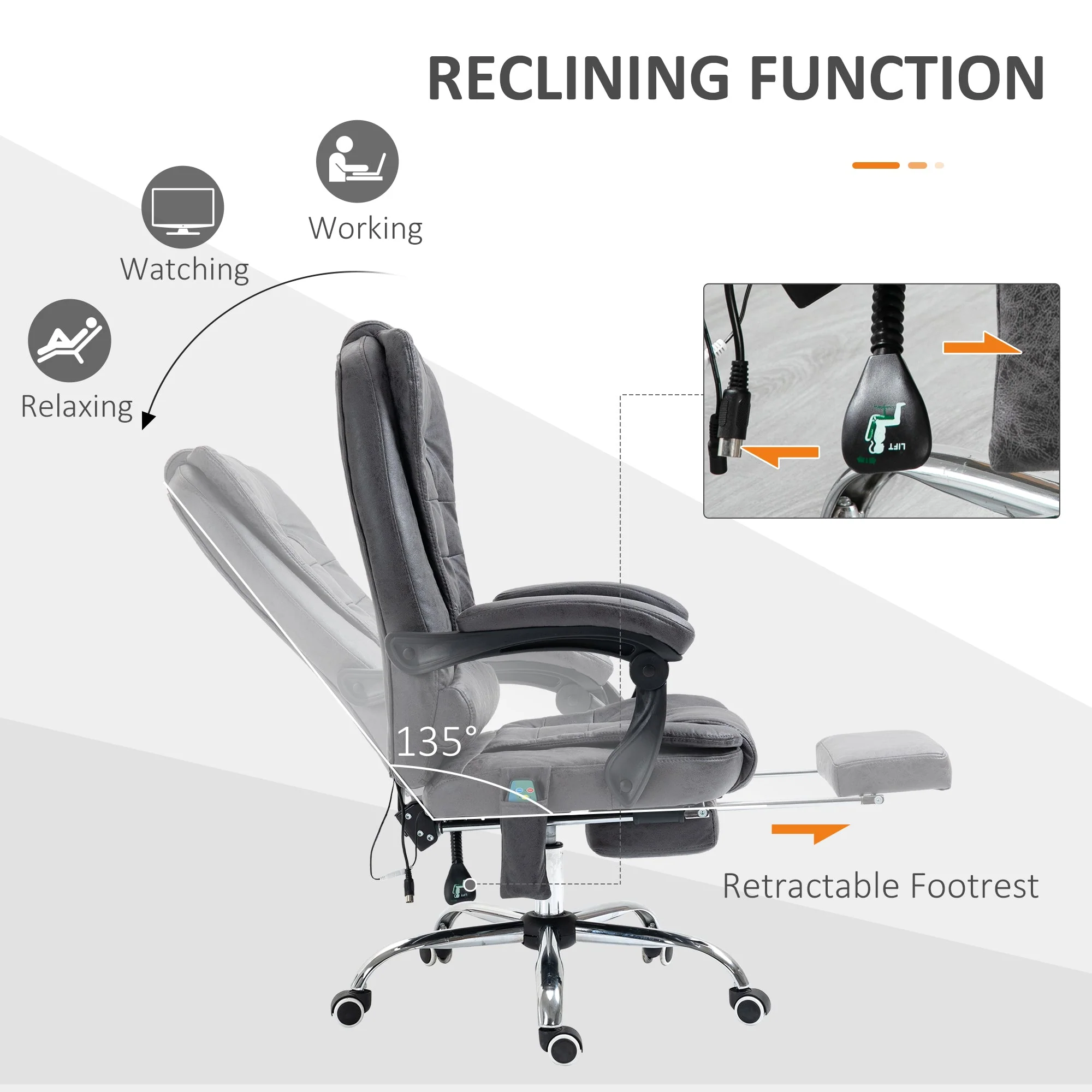 Vinsetto Heated 6 Points Vibration Massage Executive Office Chair Adjustable Swivel Ergonomic High Back Desk Chair Recliner with Footrest Dark Grey - Image 5