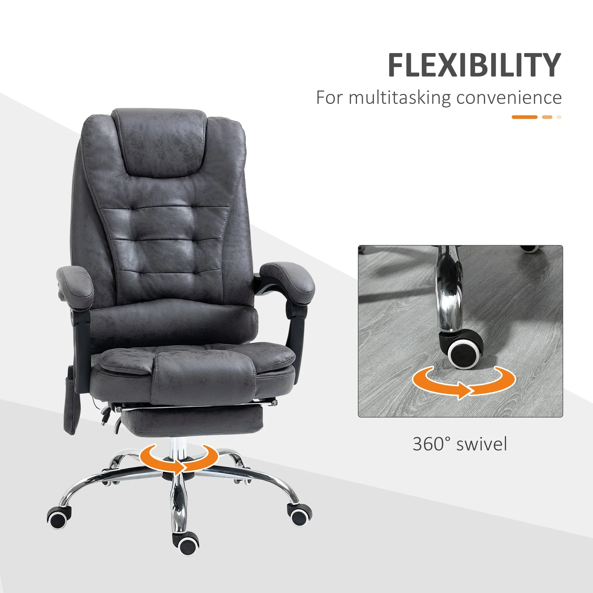 Vinsetto Heated 6 Points Vibration Massage Executive Office Chair Adjustable Swivel Ergonomic High Back Desk Chair Recliner with Footrest Dark Grey - Image 7