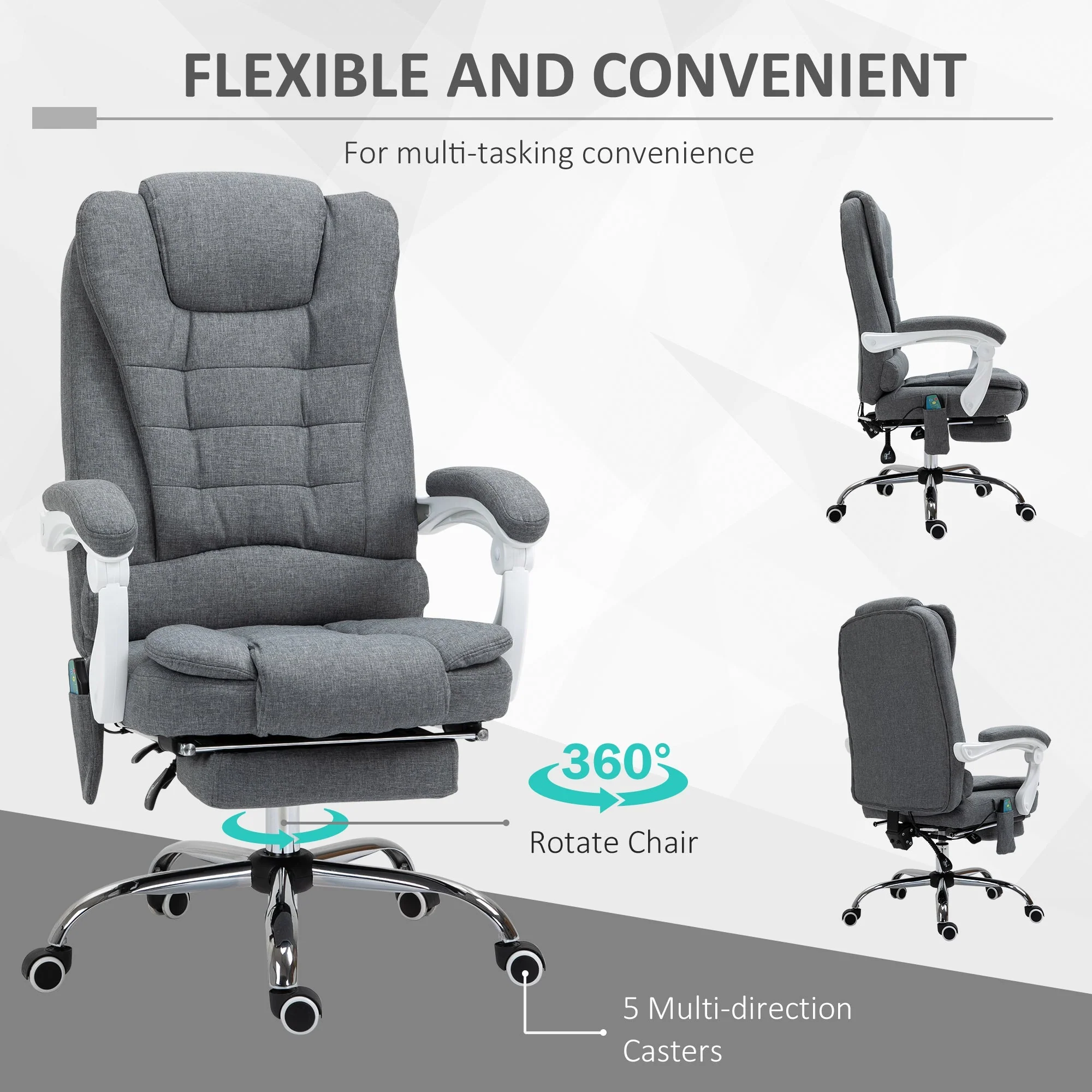 Vinsetto Heated 6 Points Vibration Massage Executive Office Chair Adjustable Swivel Ergonomic High Back Desk Chair Recliner with Footrest Grey - Image 6