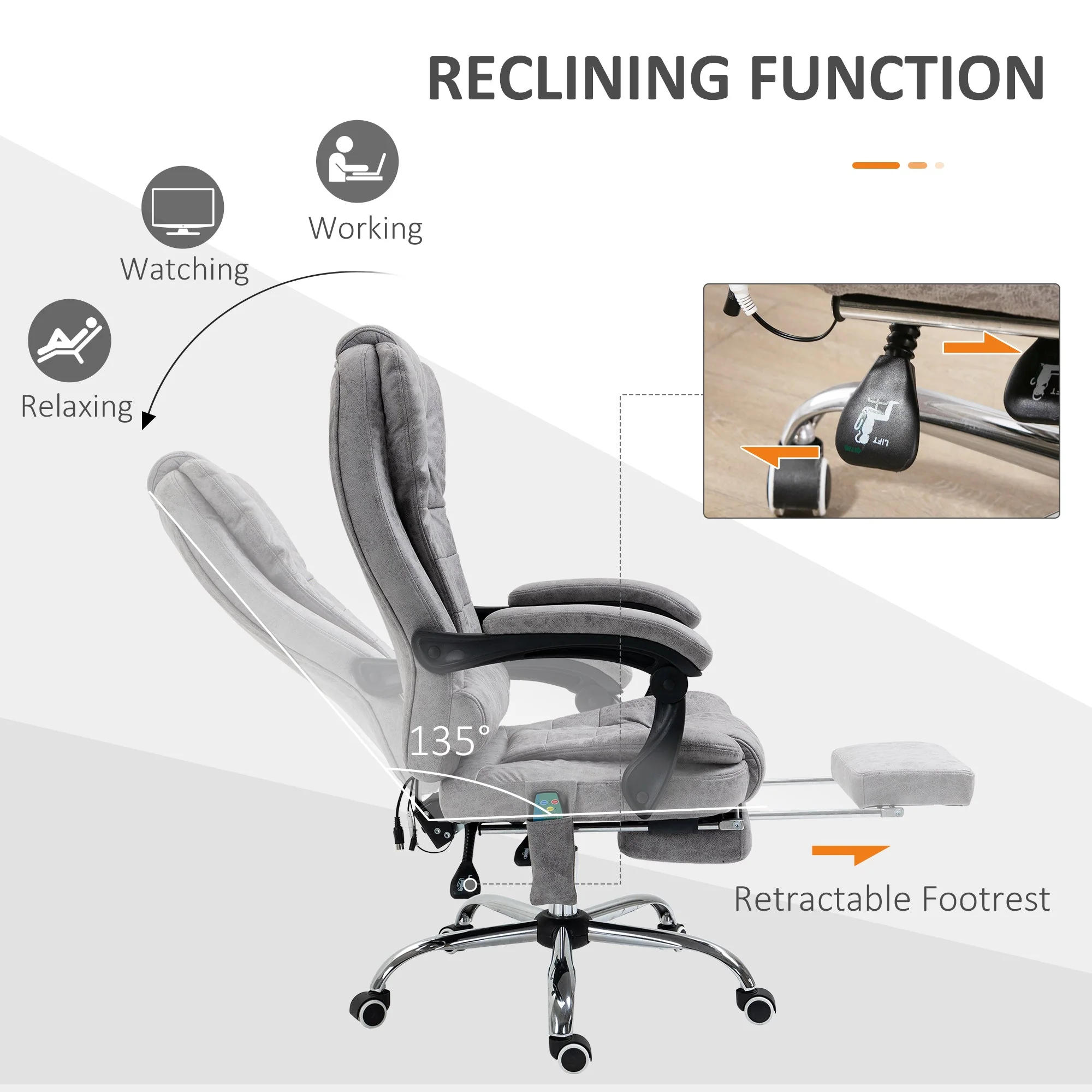 Vinsetto Heated 6 Points Vibration Massage Executive Office Chair Adjustable Swivel Ergonomic High Back Desk Chair Recliner With Footrest Grey - Image 5