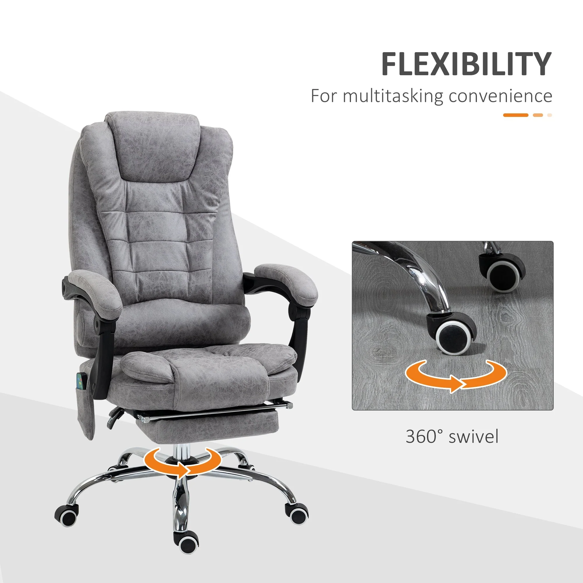 Vinsetto Heated 6 Points Vibration Massage Executive Office Chair Adjustable Swivel Ergonomic High Back Desk Chair Recliner With Footrest Grey - Image 7