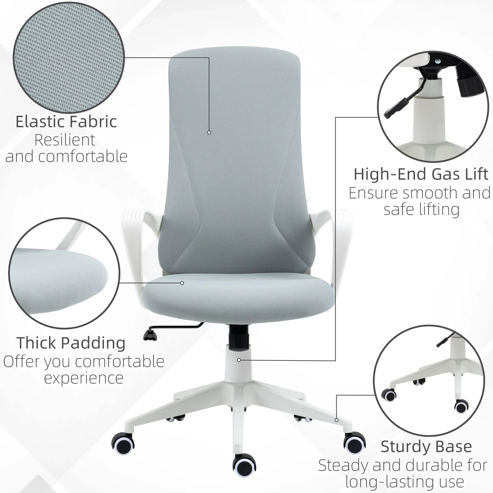 Vinsetto High Back Office Chair Fabric Desk Chair With Armrests Adjustable Height Swivel Wheels Light Grey - Image 8