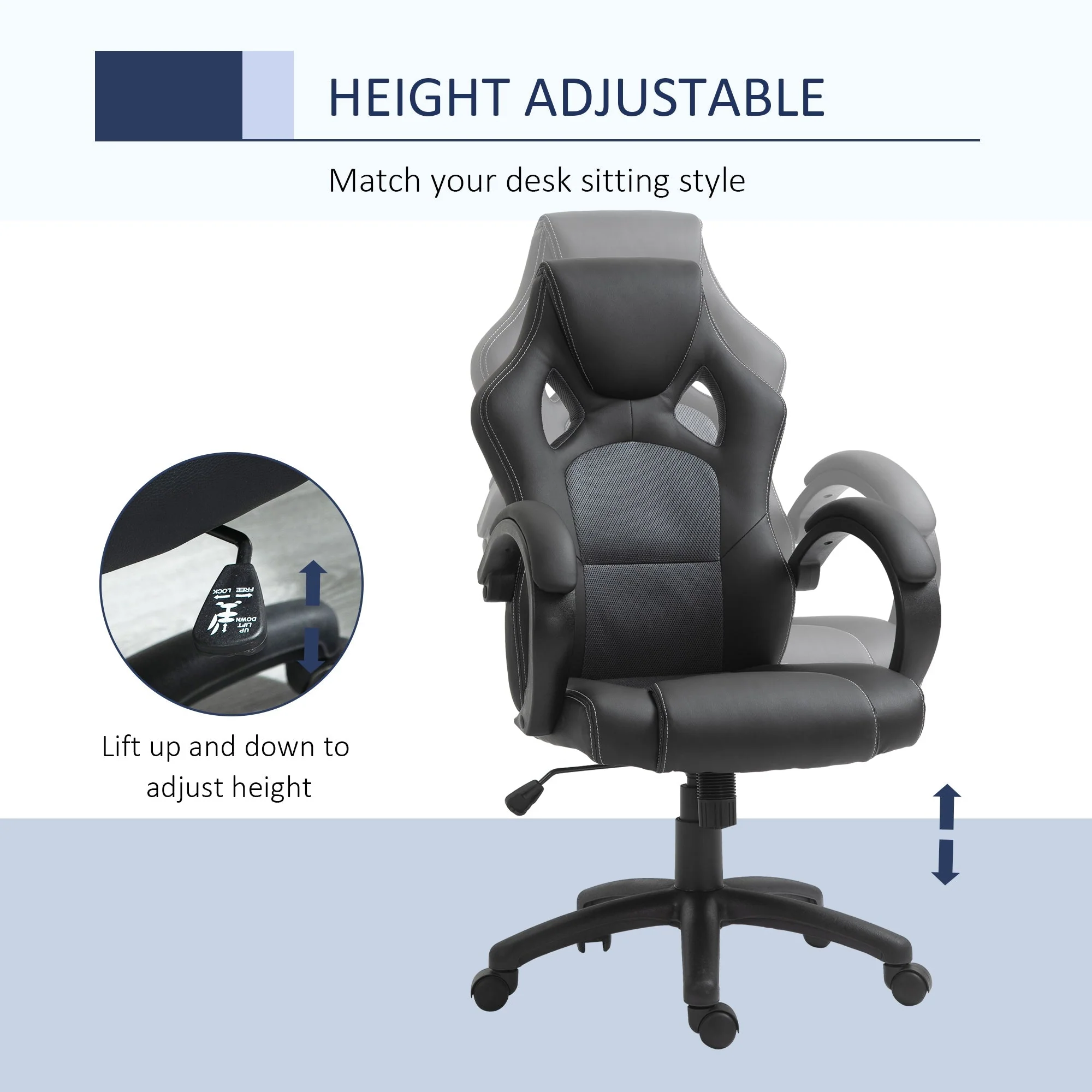 Vinsetto High-Back Office Chair Faux Leather Swivel Computer Desk Chair For Home Office With Wheels Armrests Black - Image 3