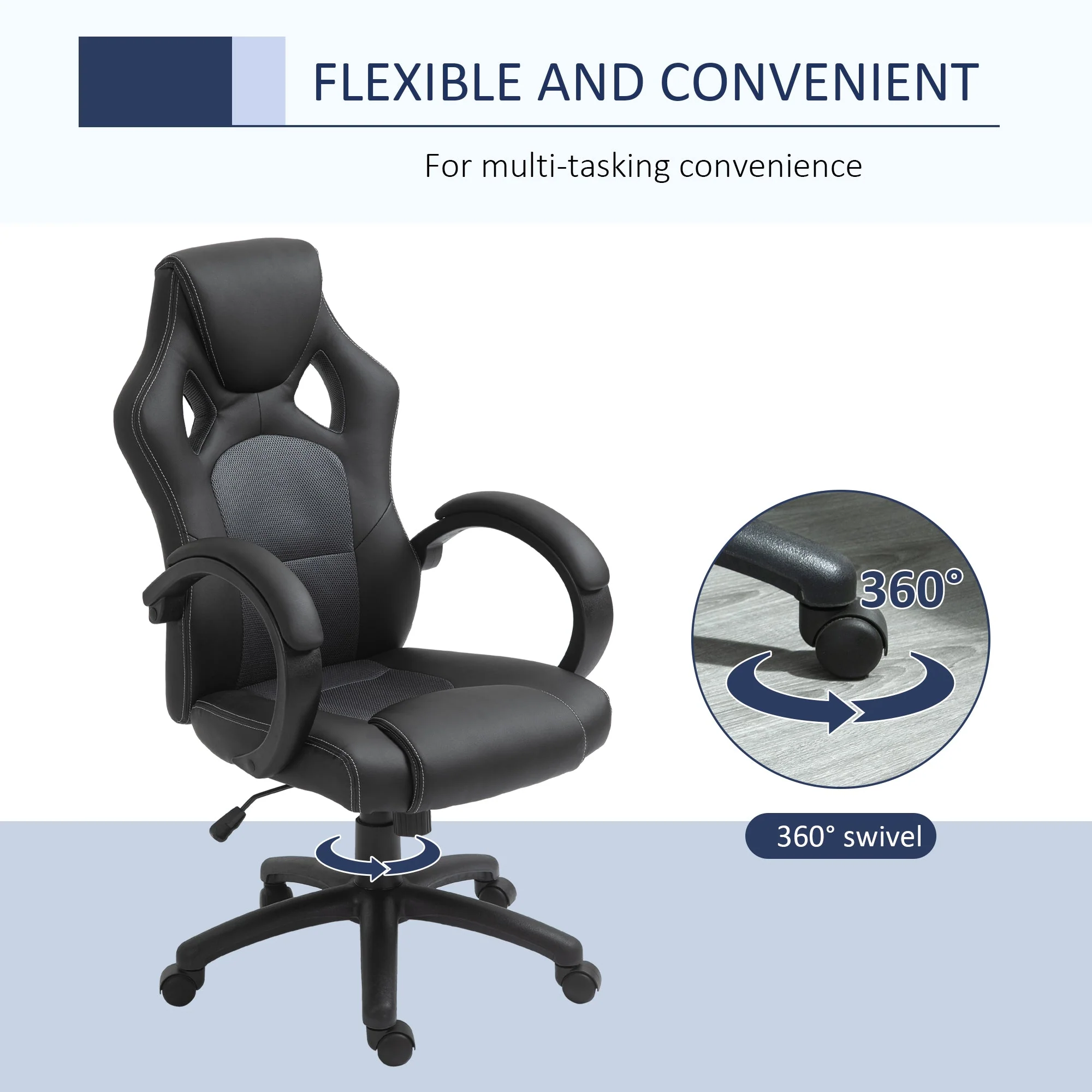 Vinsetto High-Back Office Chair Faux Leather Swivel Computer Desk Chair For Home Office With Wheels Armrests Black - Image 5