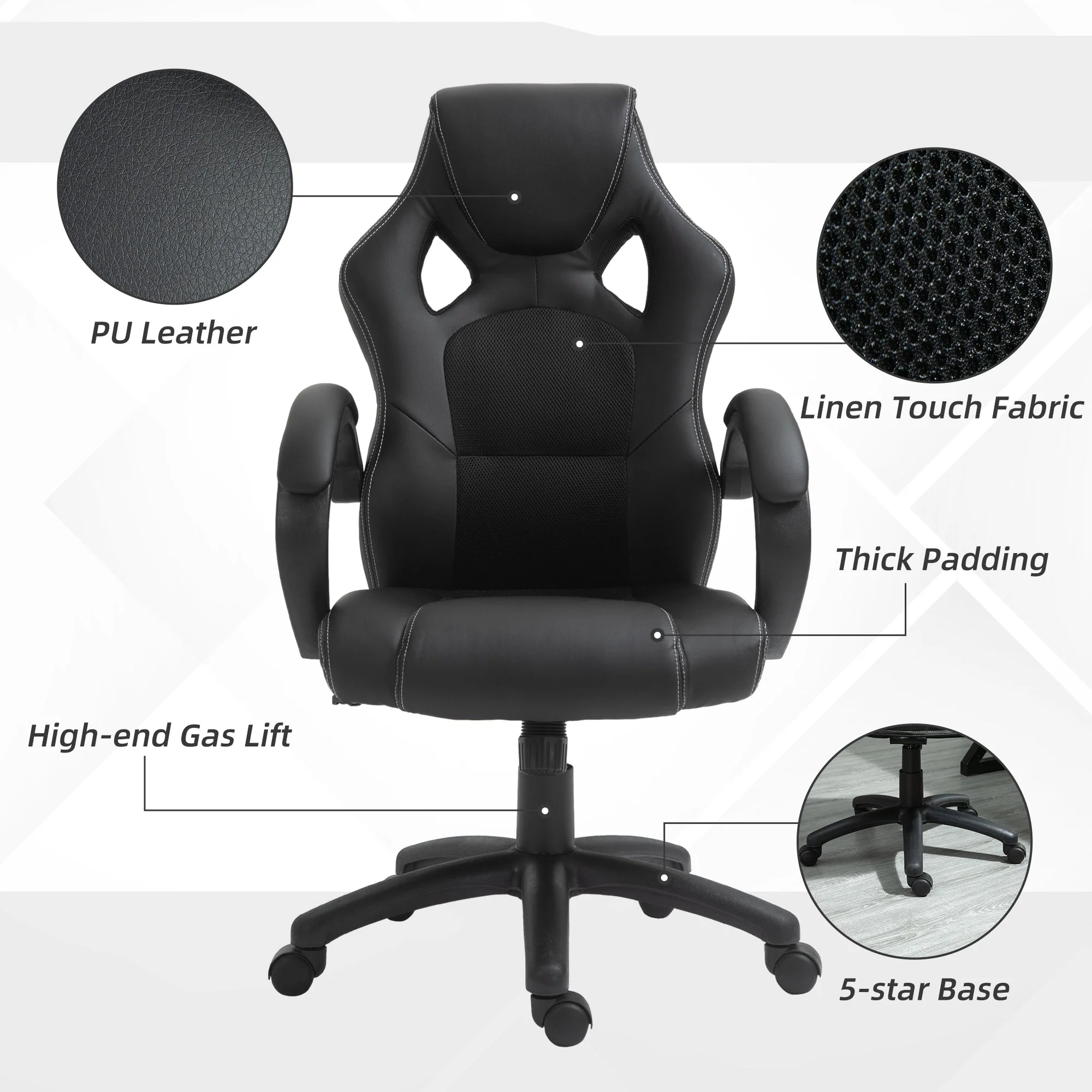 Vinsetto High-Back Office Chair Faux Leather Swivel Computer Desk Chair For Home Office With Wheels Armrests Black - Image 6