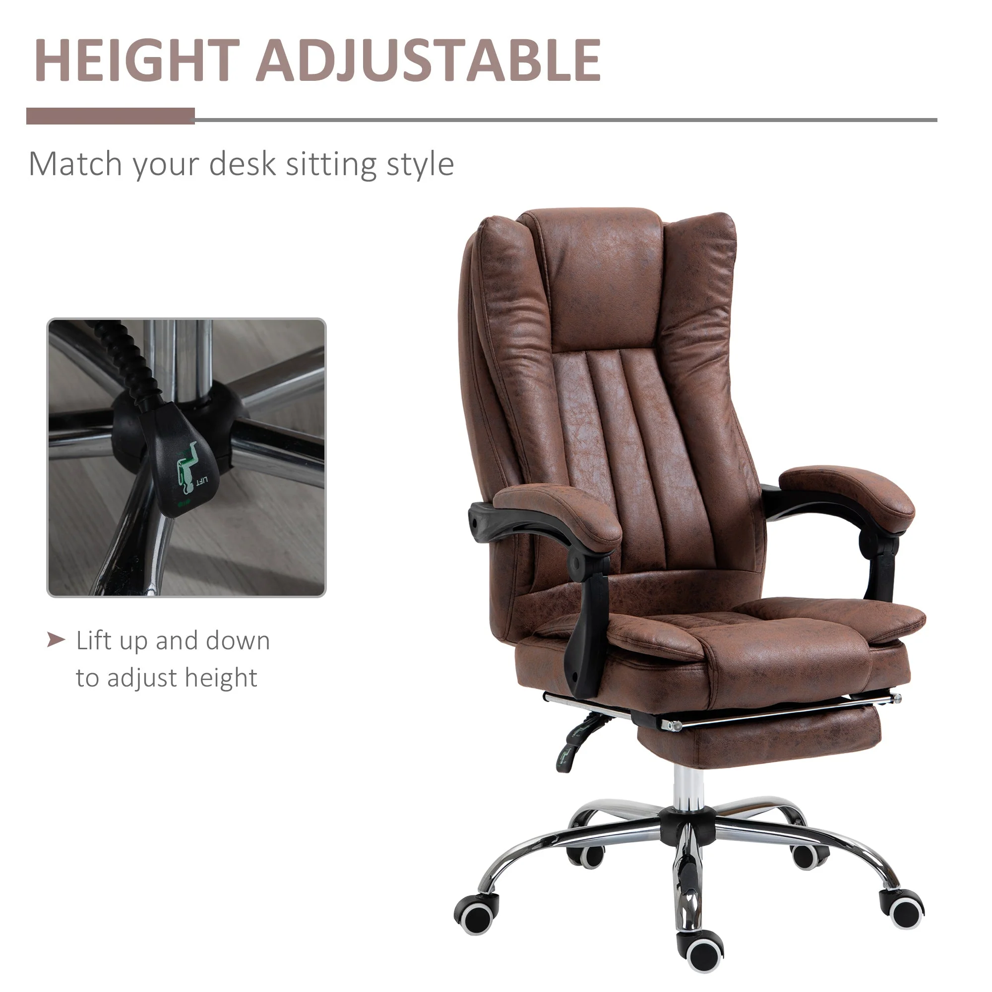 Vinsetto Home Office Chair Microfibre Desk Chair With Reclining Function Armrests Swivel Wheels Footrest Brown - Image 4