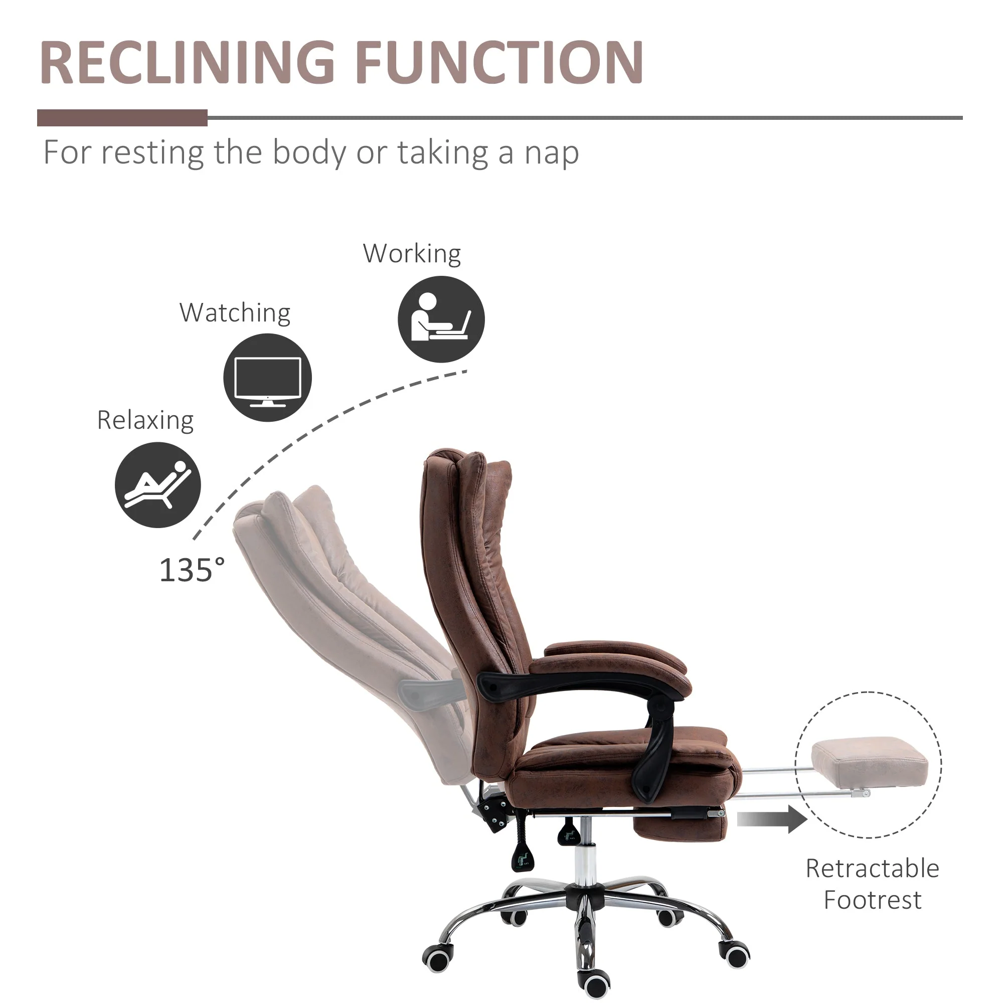 Vinsetto Home Office Chair Microfibre Desk Chair With Reclining Function Armrests Swivel Wheels Footrest Brown - Image 5