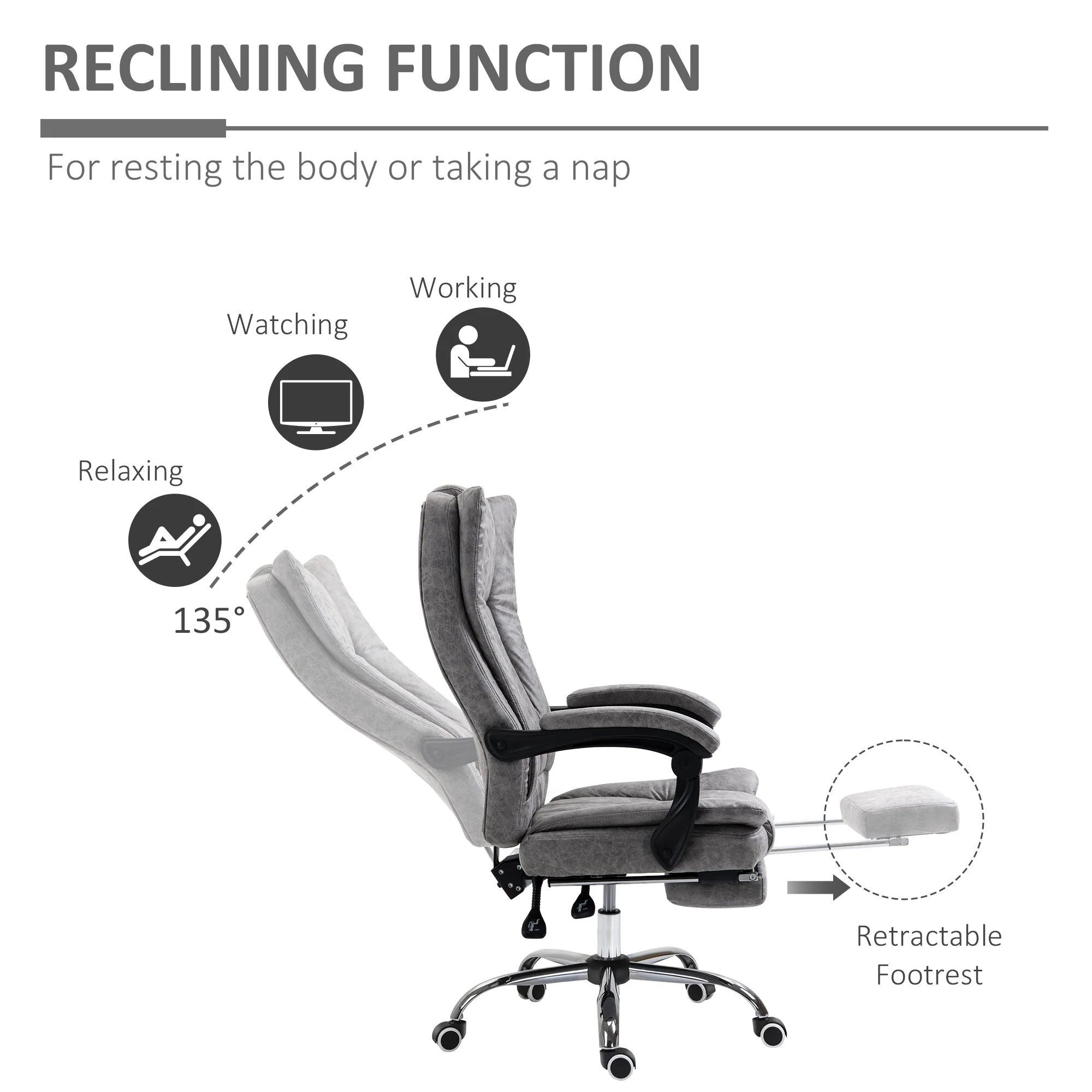 Vinsetto Home Office Chair Microfibre Desk Chair with Reclining Function Armrests Swivel Wheels Footrest Grey - Image 5