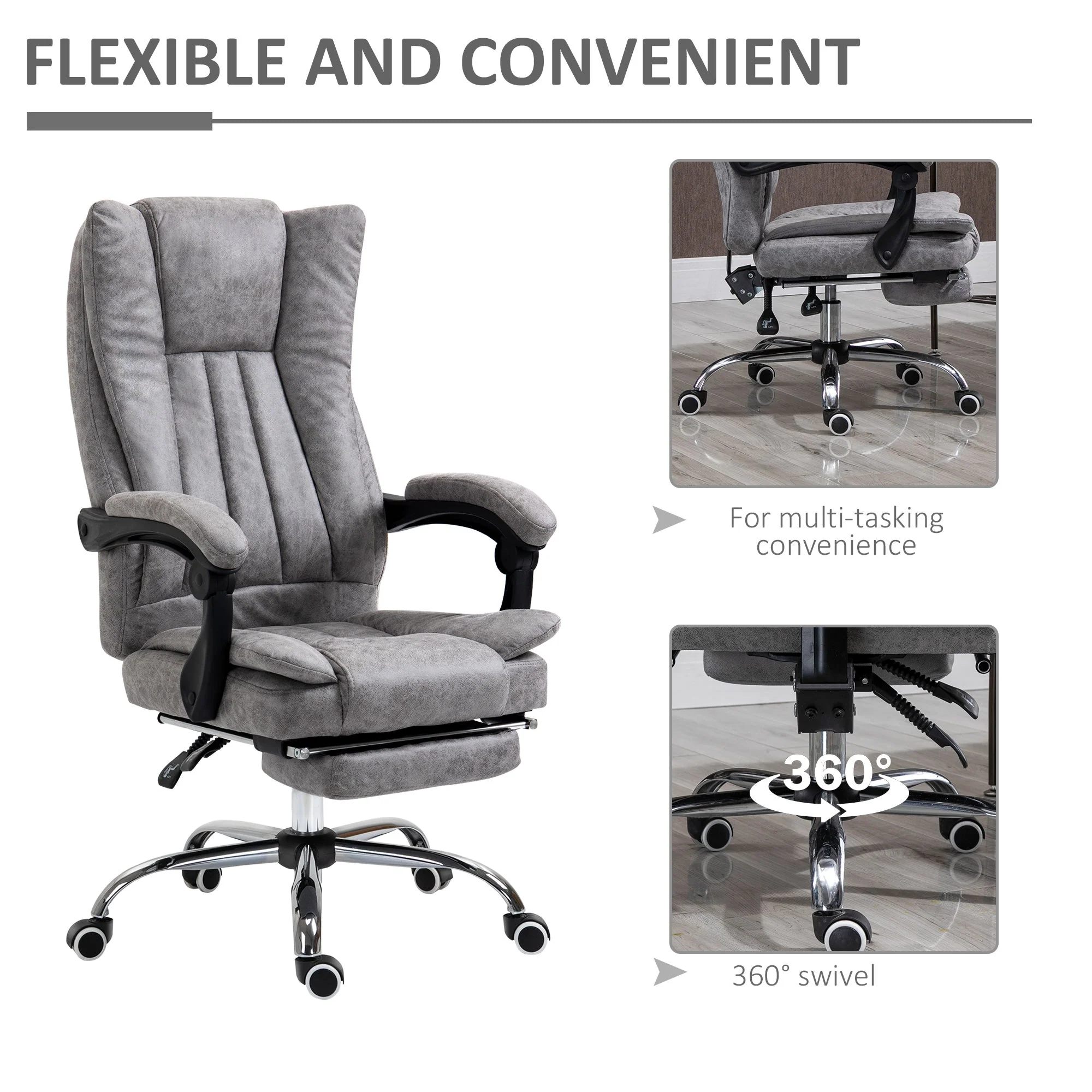 Vinsetto Home Office Chair Microfibre Desk Chair with Reclining Function Armrests Swivel Wheels Footrest Grey - Image 6