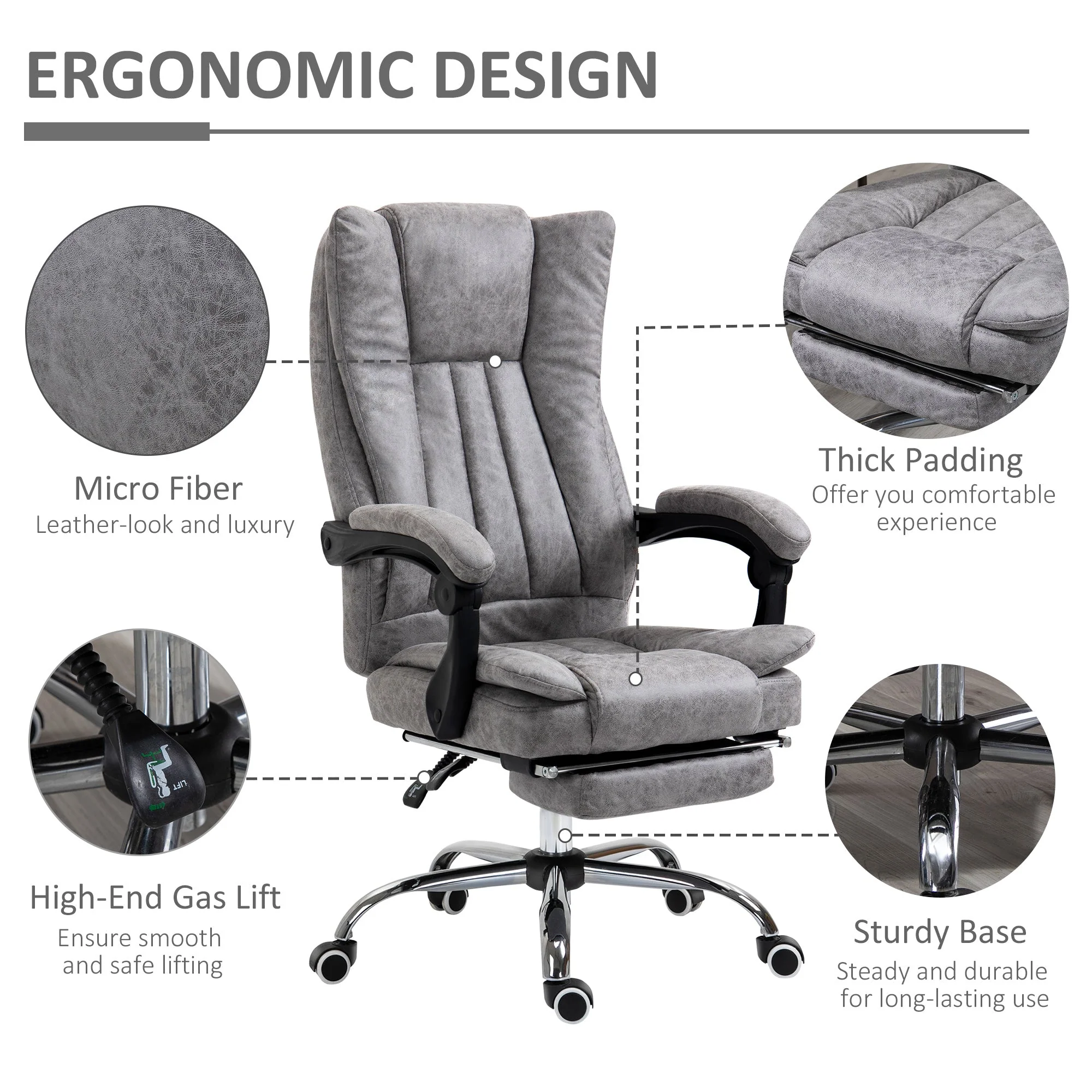 Vinsetto Home Office Chair Microfibre Desk Chair with Reclining Function Armrests Swivel Wheels Footrest Grey - Image 7