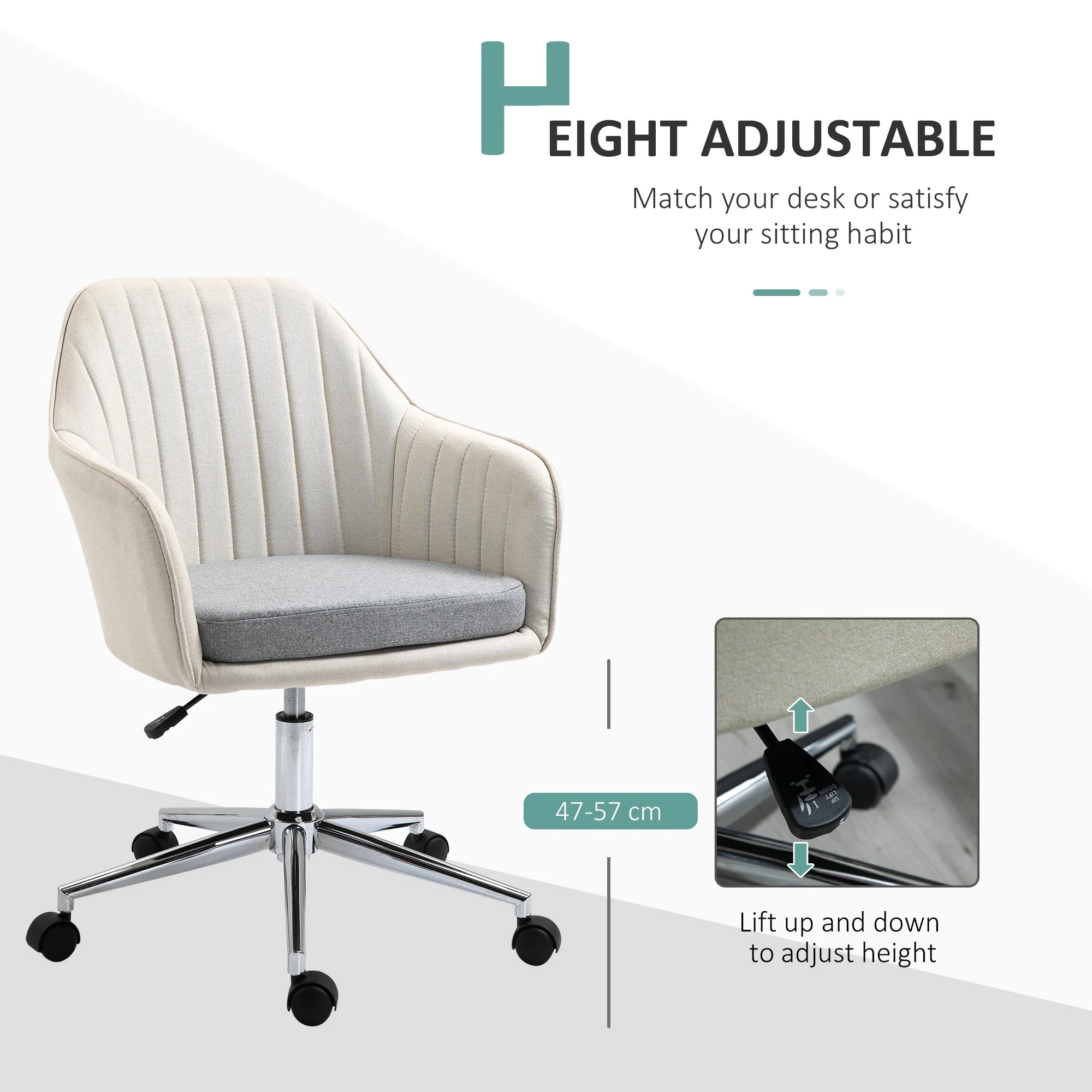Vinsetto Leisure Office Chair Linen Swivel Computer Desk Chair Study With Wheel Beige - Image 4