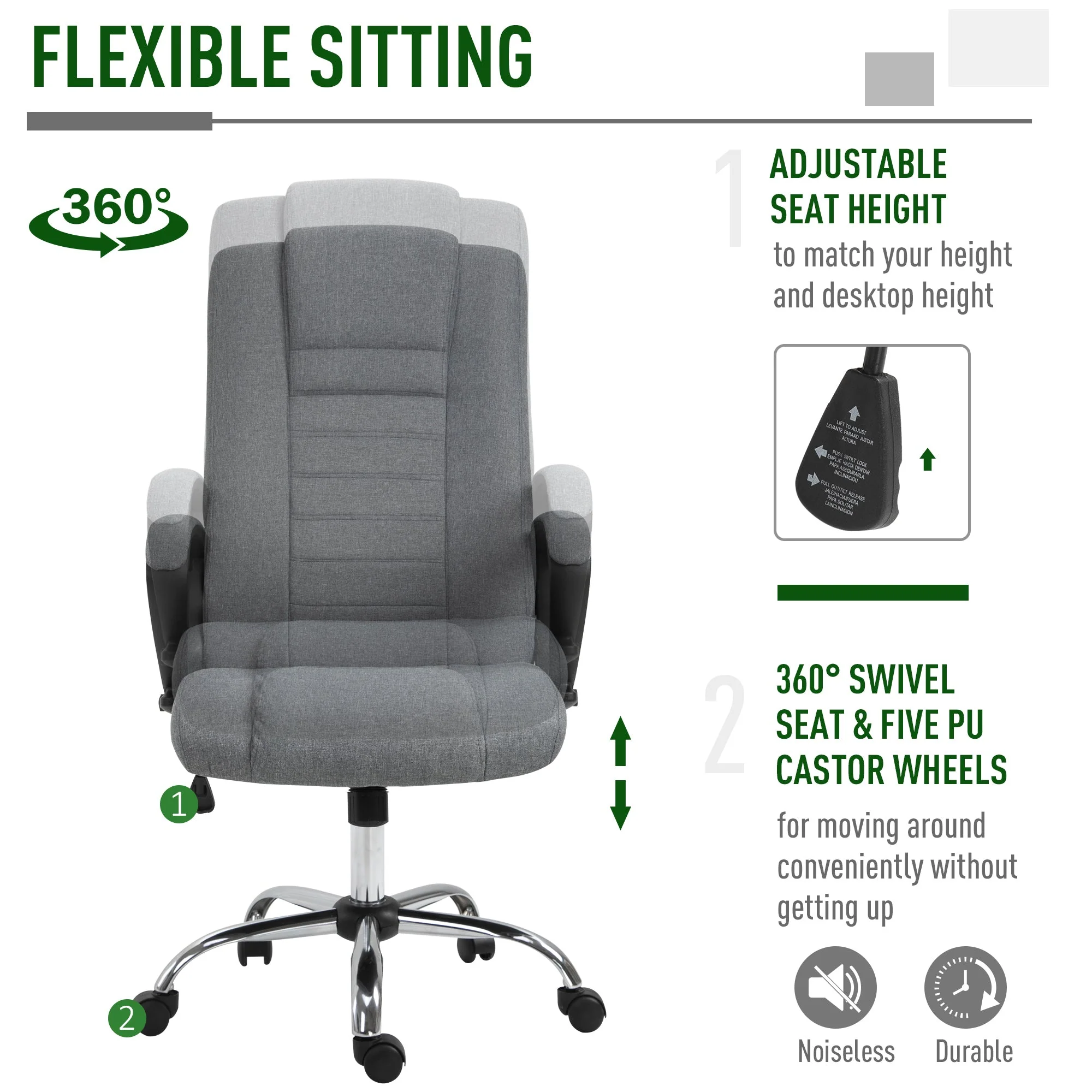Vinsetto Linen Upholstered Tilting Home Office Chair Grey - Image 5