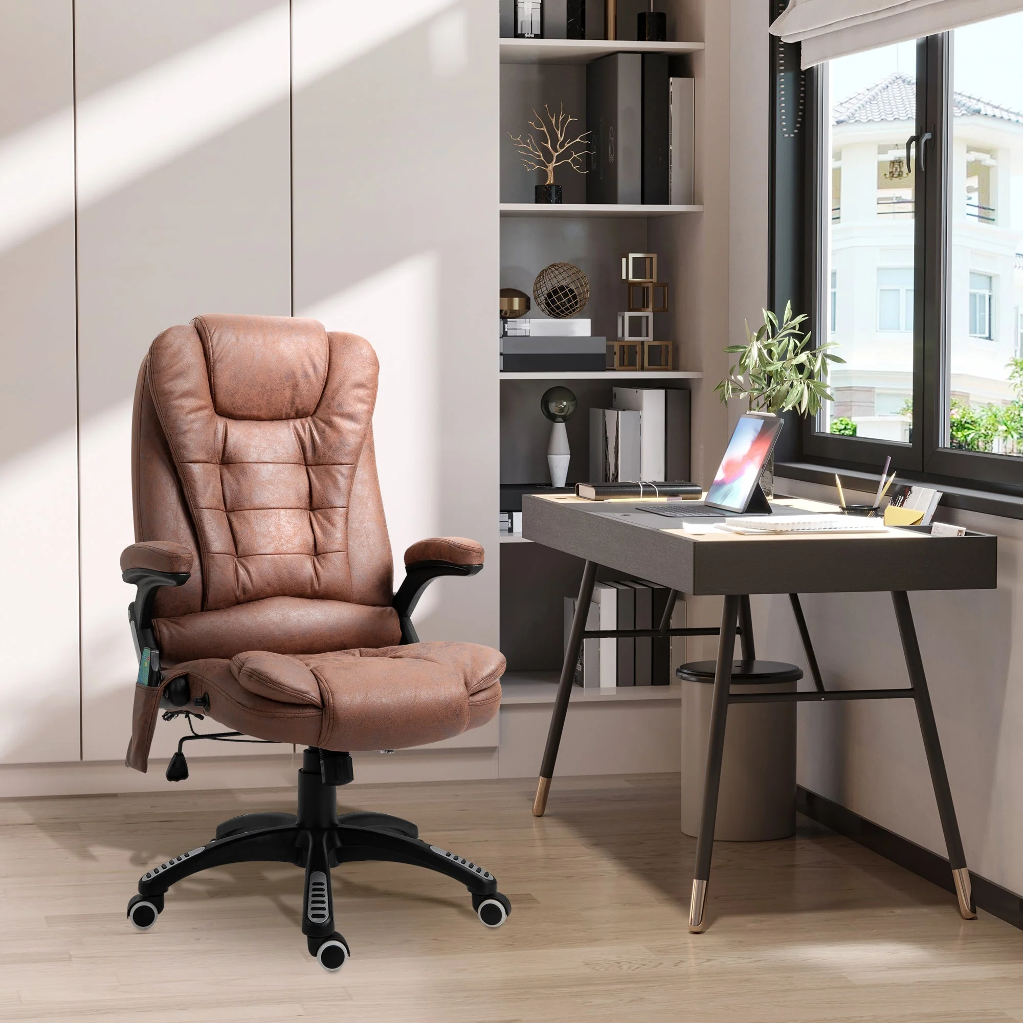 Vinsetto Massage Recliner Chair Heated Office Chair with Six Massage Points Microfiber Cloth 360° Swivel Wheels Brown - Image 2