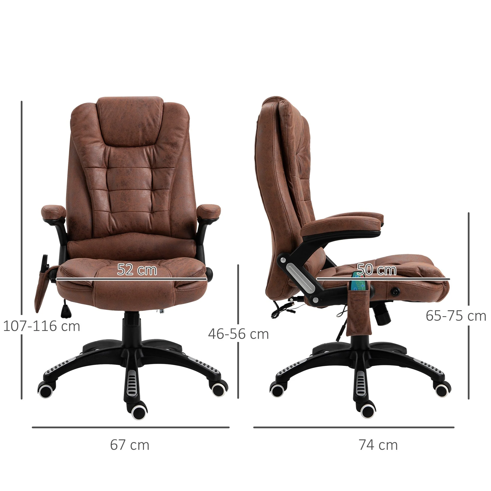 Vinsetto Massage Recliner Chair Heated Office Chair with Six Massage Points Microfiber Cloth 360° Swivel Wheels Brown - Image 3