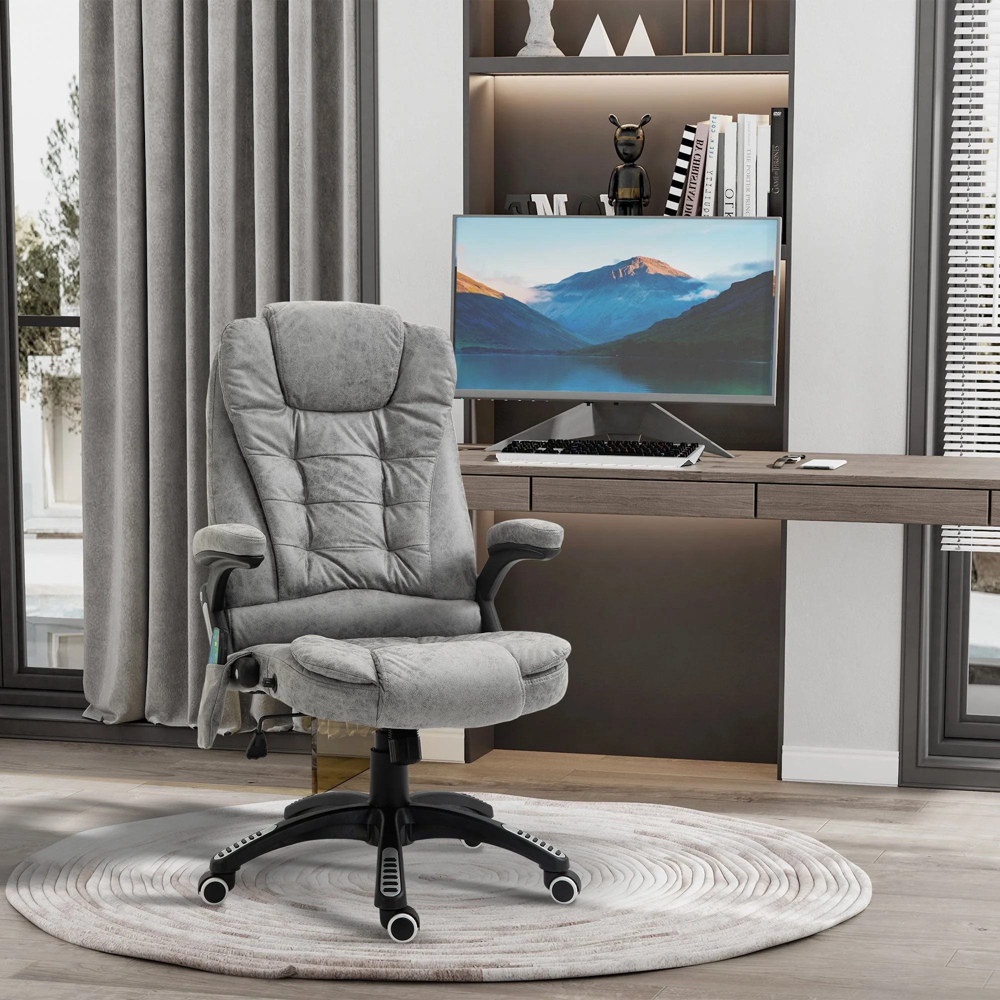 Vinsetto Massage Recliner Chair Heated Office Chair with Six Massage Points Microfiber Cloth 360° Swivel Wheels Grey - Image 2