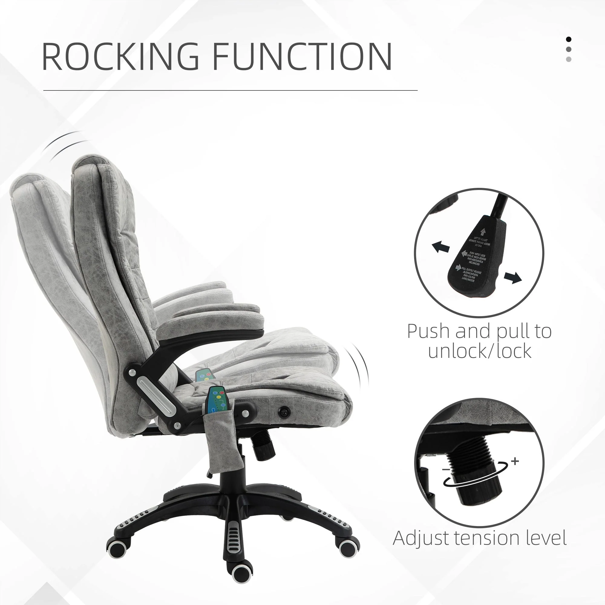 Vinsetto Massage Recliner Chair Heated Office Chair with Six Massage Points Microfiber Cloth 360° Swivel Wheels Grey - Image 4