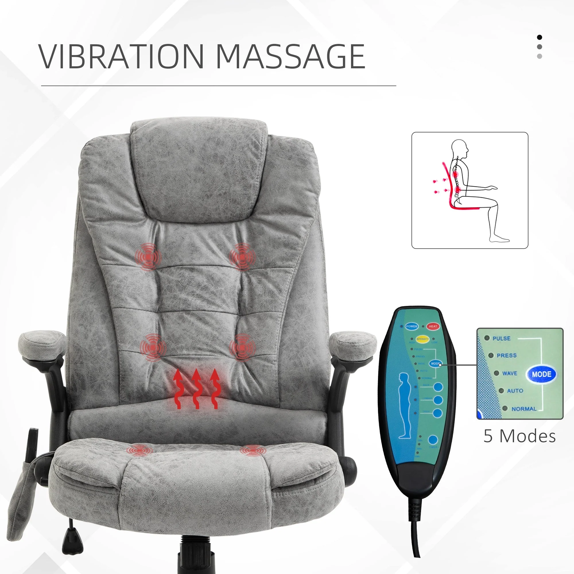 Vinsetto Massage Recliner Chair Heated Office Chair with Six Massage Points Microfiber Cloth 360° Swivel Wheels Grey - Image 6