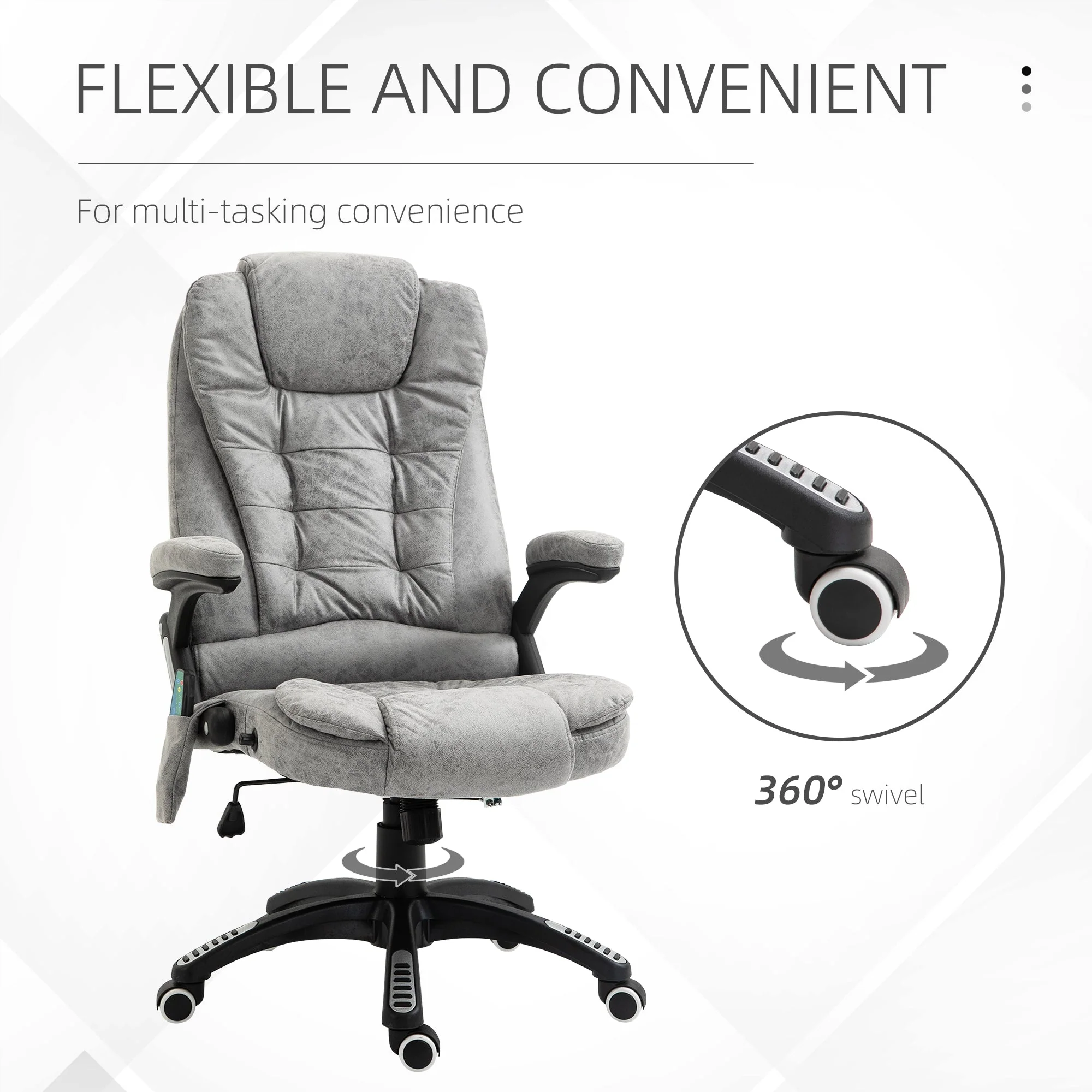 Vinsetto Massage Recliner Chair Heated Office Chair with Six Massage Points Microfiber Cloth 360° Swivel Wheels Grey - Image 7