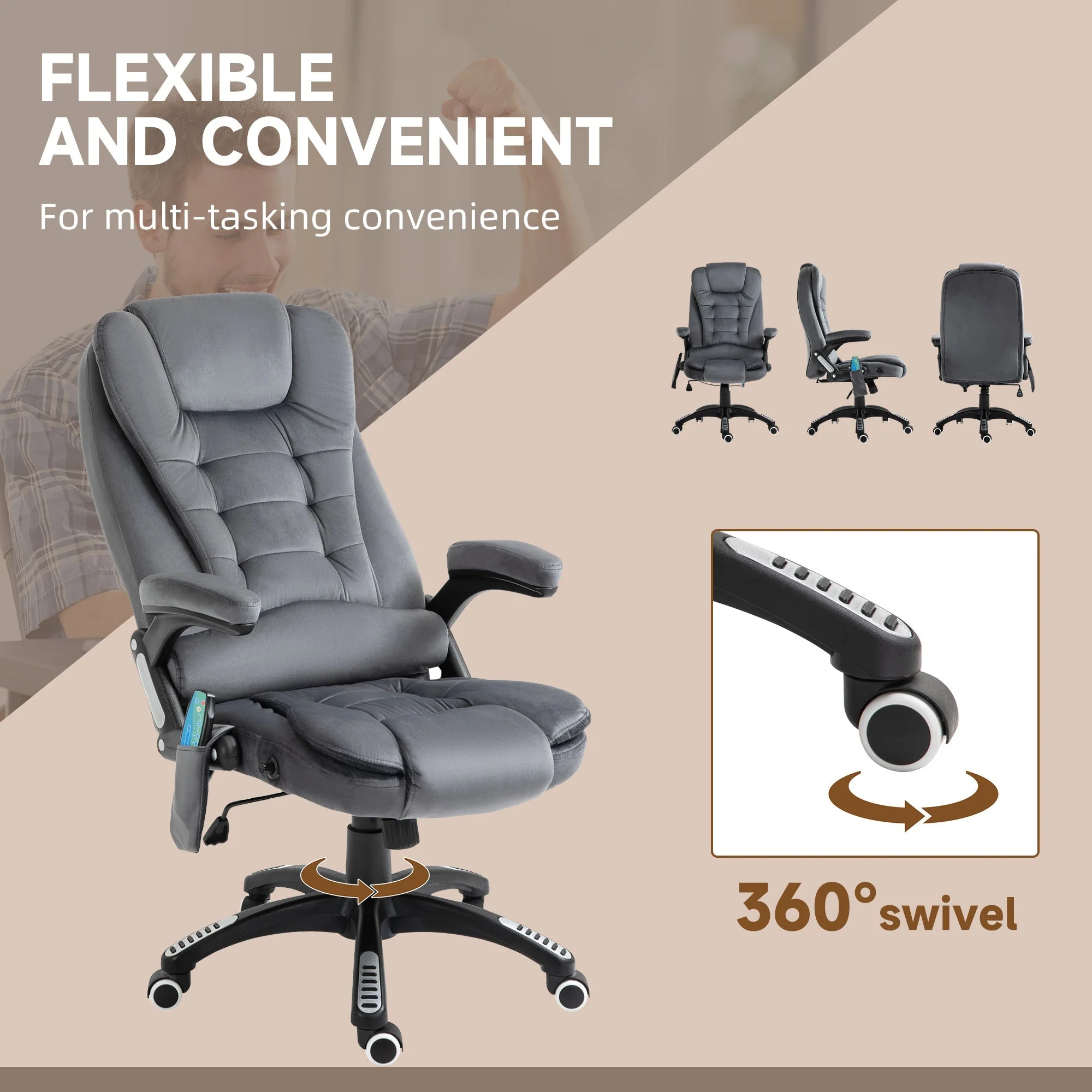 Vinsetto Massage Recliner Chair Heated Office Chair With Six Massage Points Velvet-Feel Fabric 360 Swivel Wheels Grey - Image 8