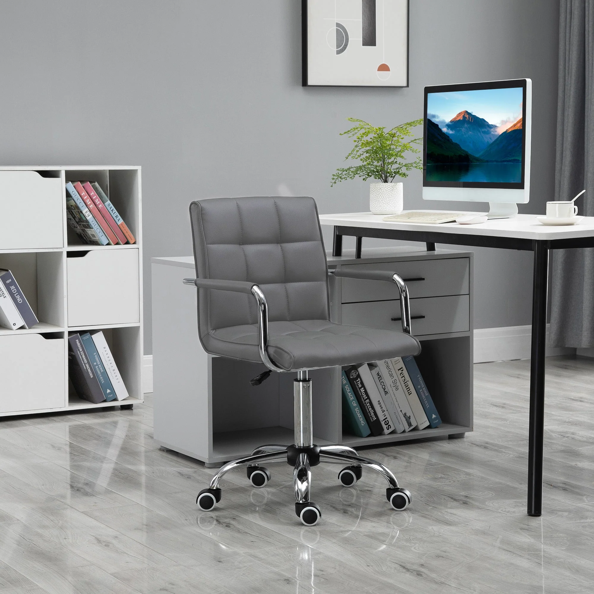Vinsetto Mid Back PU Leather Home Office Desk Chair Swivel Computer Chair with Arm - Image 2