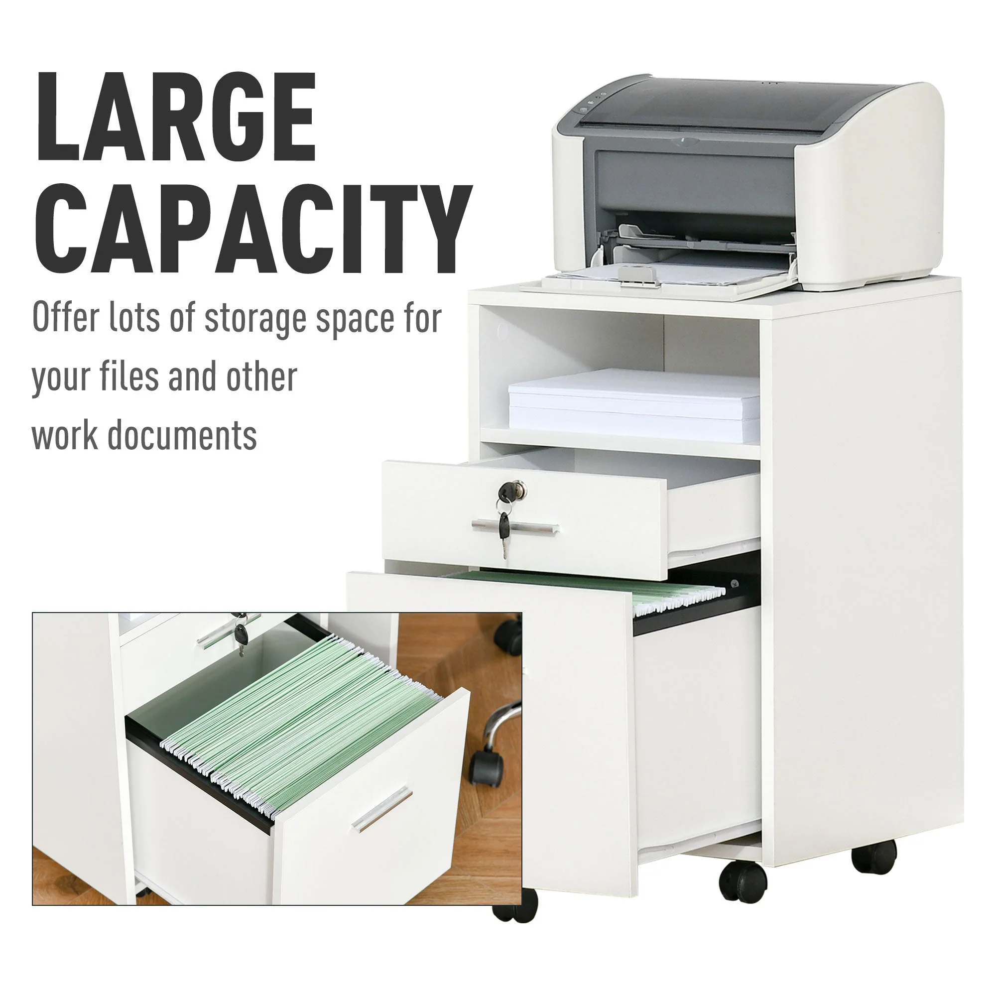 Vinsetto Mobile File Cabinet Home Filing Furniture w/ Lock - Image 6