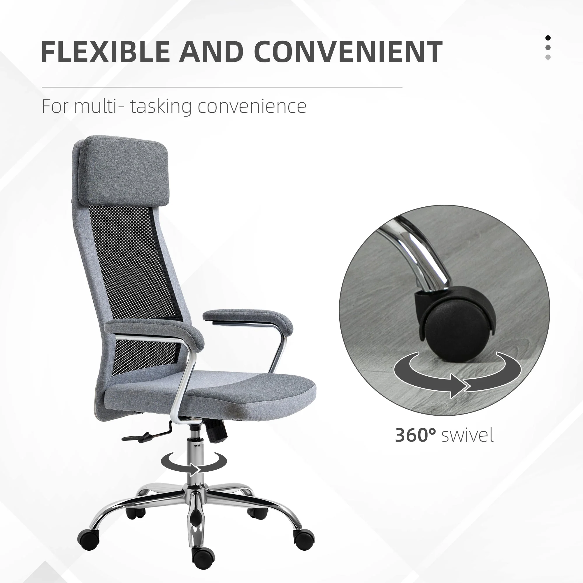 Vinsetto Office Chair Linen-Feel Mesh Fabric High Back Swivel Computer Task Desk Chair For Home With Arm Wheels Grey - Image 7