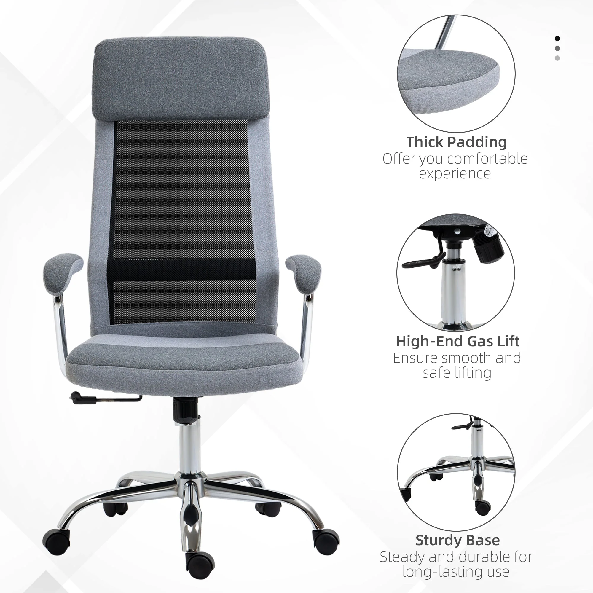 Vinsetto Office Chair Linen-Feel Mesh Fabric High Back Swivel Computer Task Desk Chair For Home With Arm Wheels Grey - Image 8