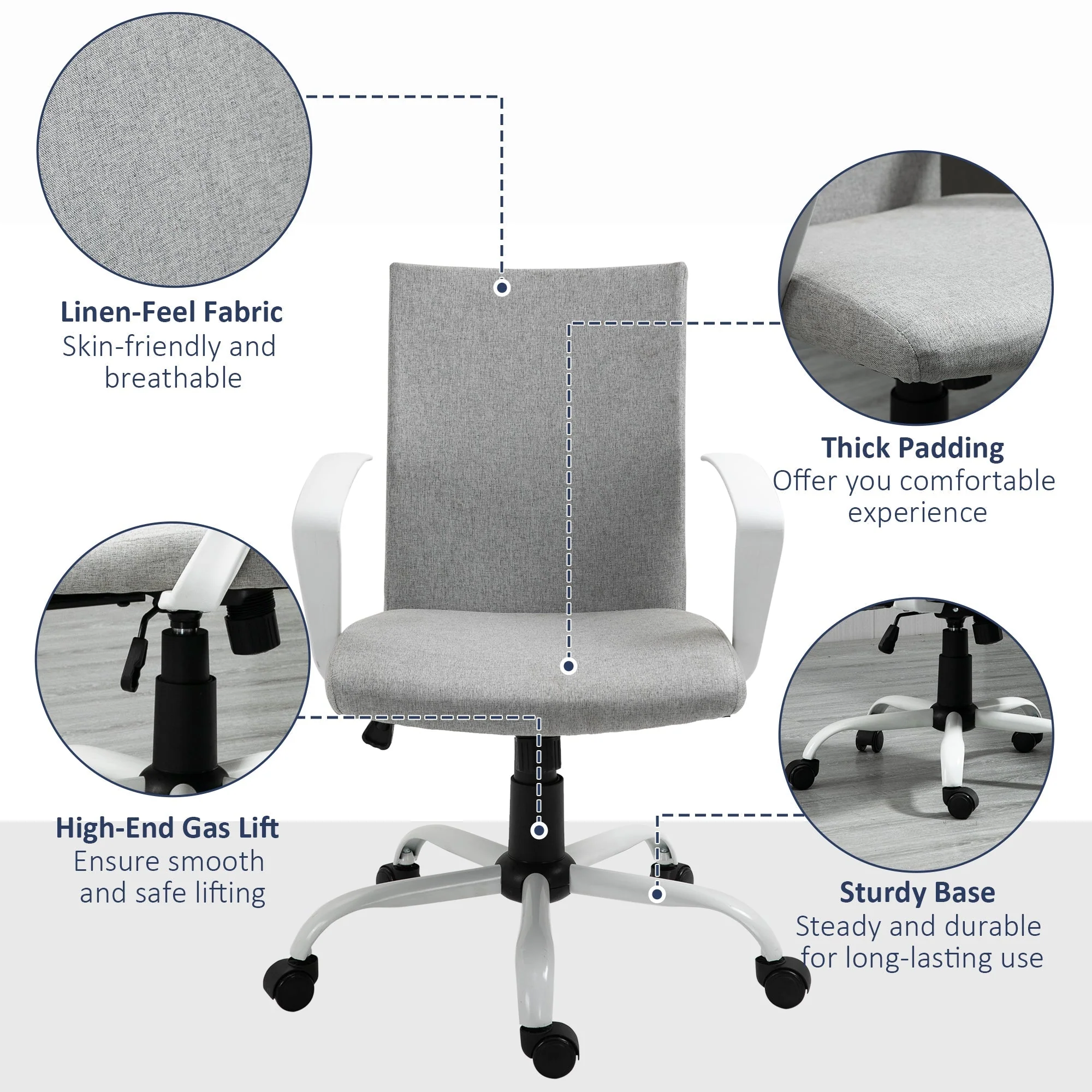 Vinsetto Office Chair Linen Swivel Computer Desk Chair Home Study Task Chair with Wheels - Image 7