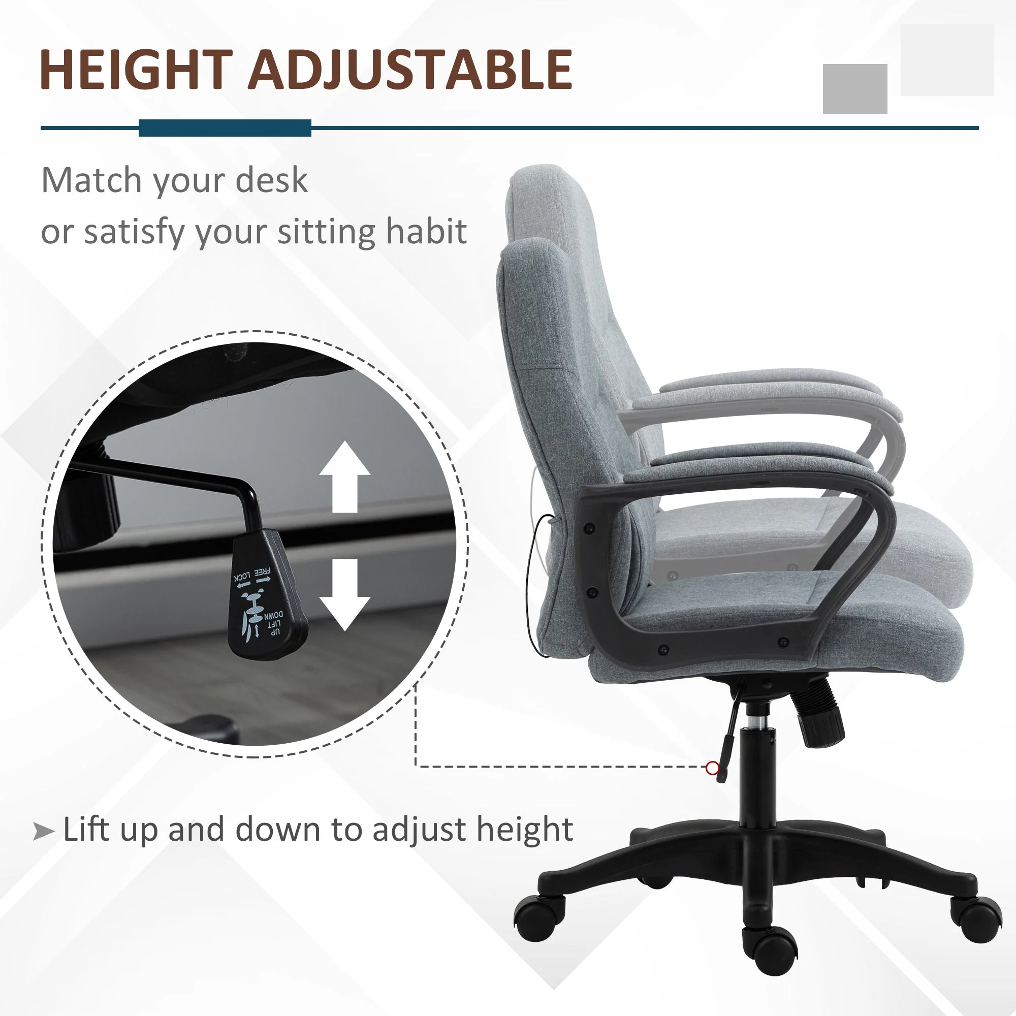 Vinsetto Office Chair With Massager Lumbar High Back Ergonomic Support Office 360 Swivel Chairs Adjustable Height Backrest Grey - Image 5