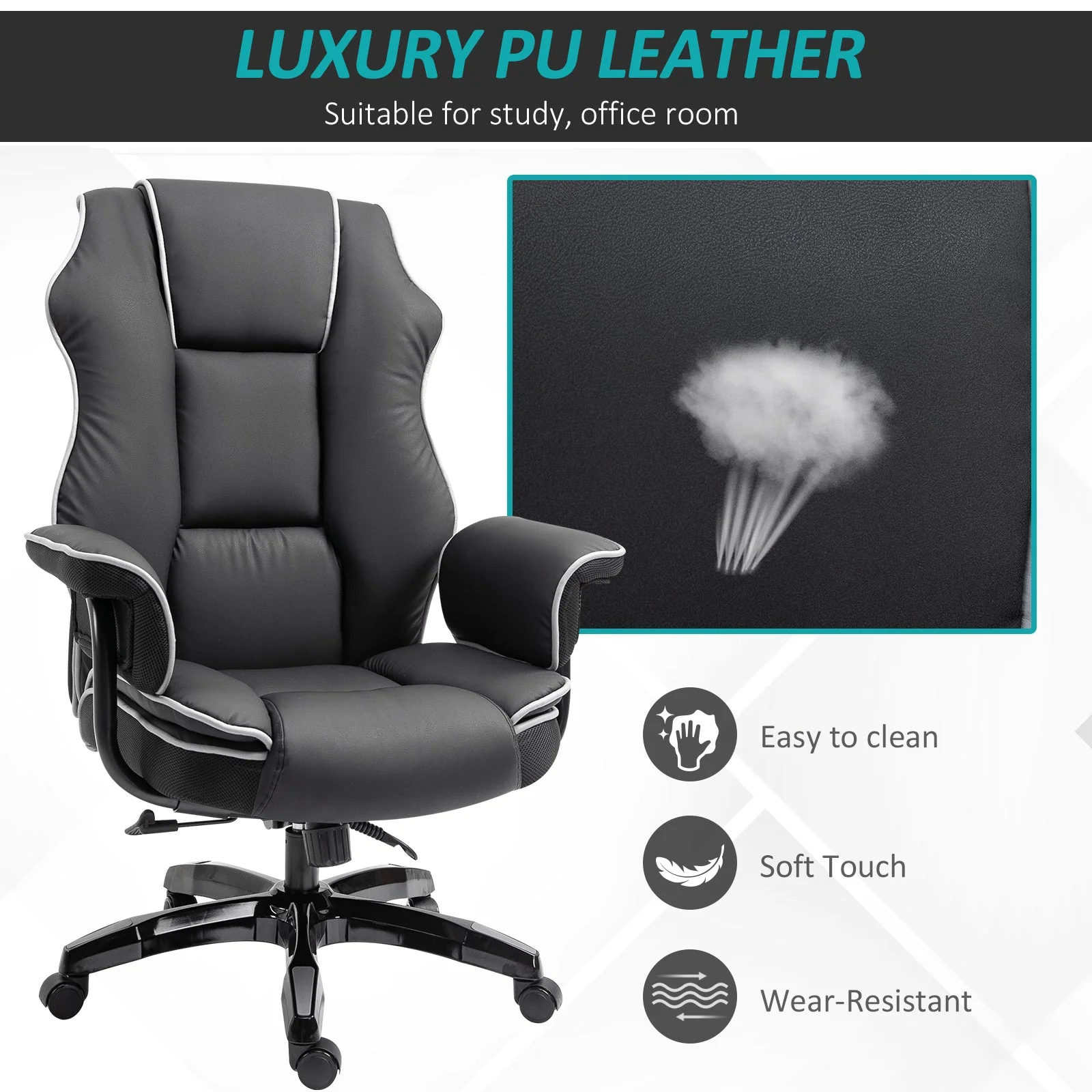 Vinsetto PU Upholstered Recliner Office Chair Black - Image 7