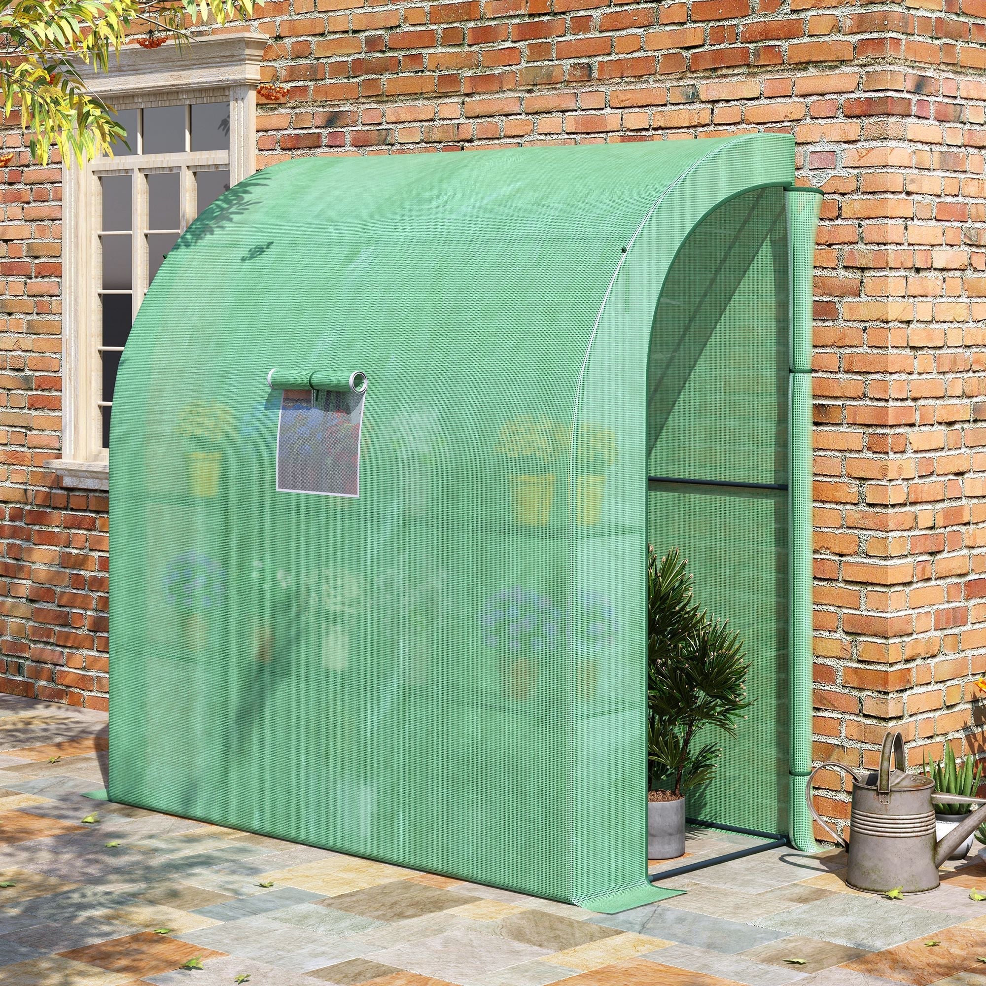 Walk-In Lean to Wall Greenhouse with Windows and Doors 2 Tiers 4 Wired Shelves 200L x 100W x 215H cm Green - Image 2