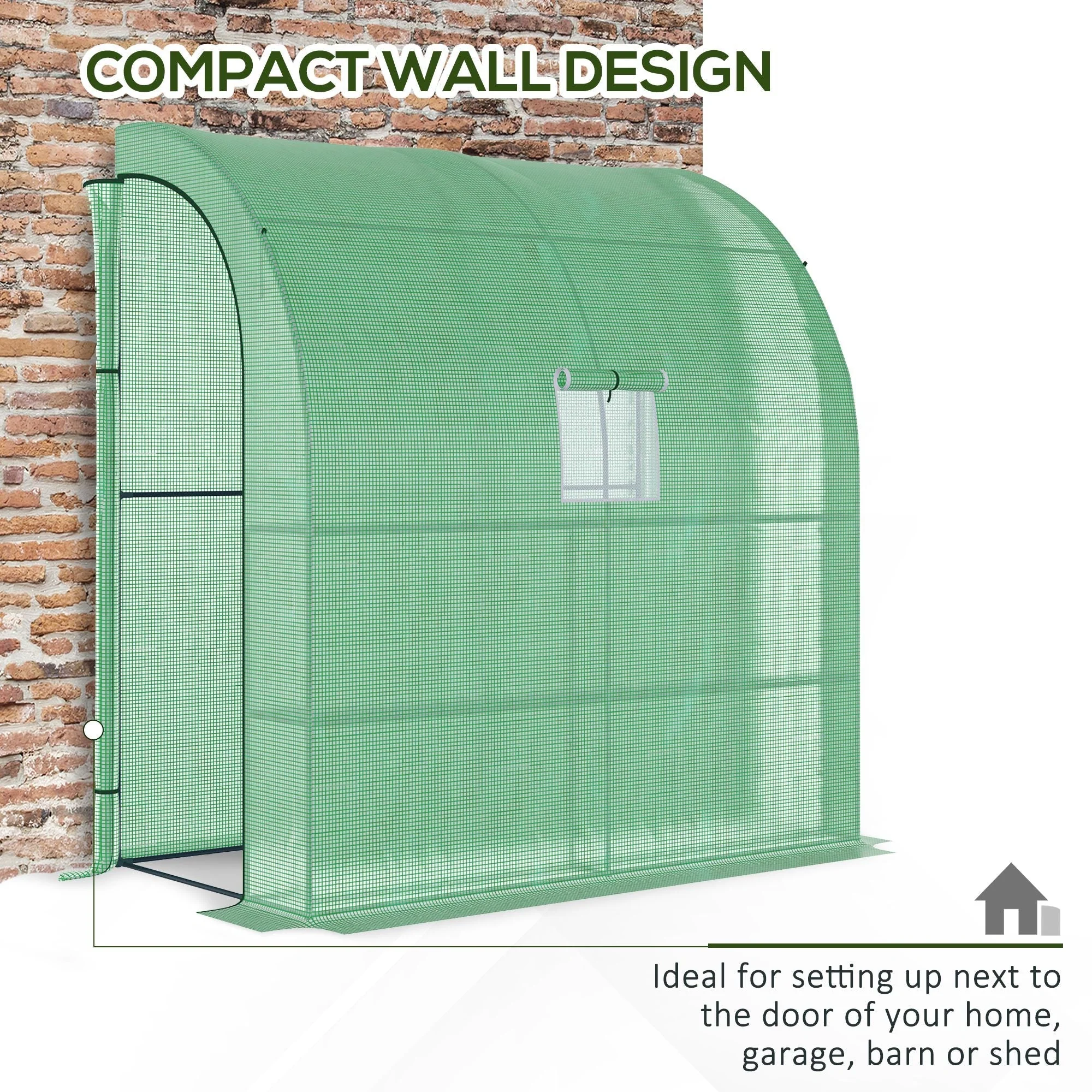 Walk-In Lean to Wall Greenhouse with Windows and Doors 2 Tiers 4 Wired Shelves 200L x 100W x 215H cm Green - Image 6