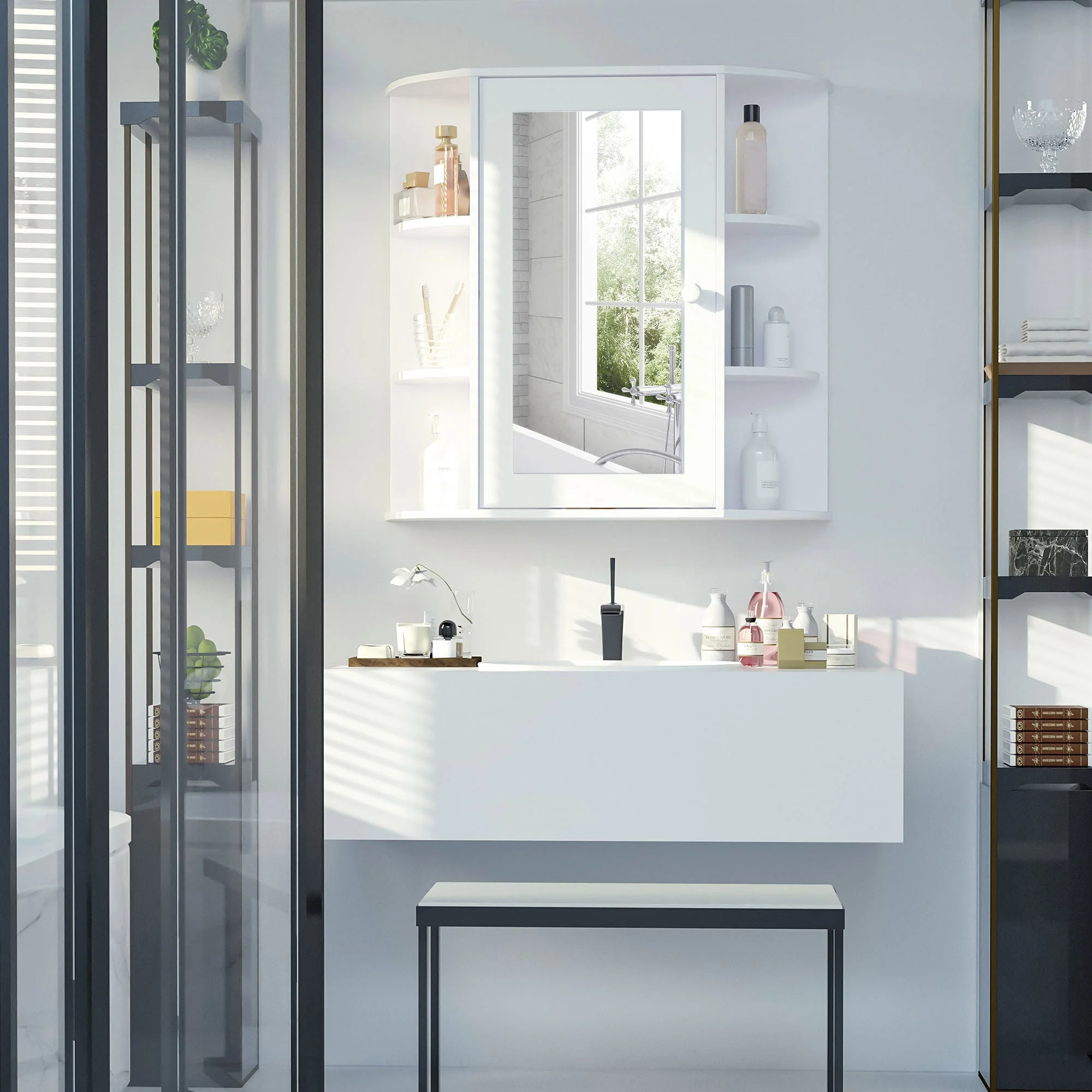 Wall Mounted Bathroom Cabinet with Mirror Single Door Storage Organizer 2-tier Inner Shelves White - Image 2