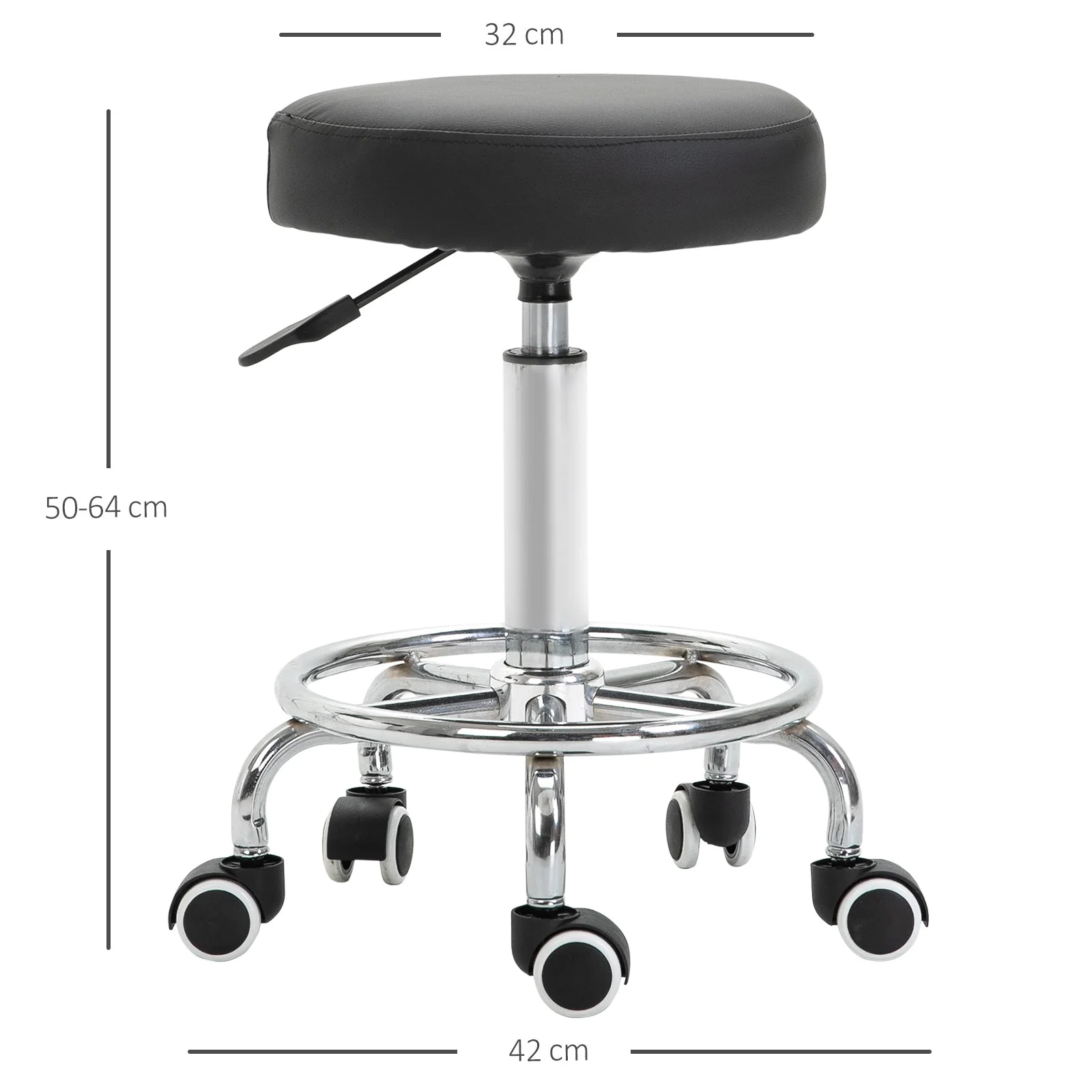 Wheeled Salan Stool Adjustable Height Steel Framed Black by Vinsetto - Image 3