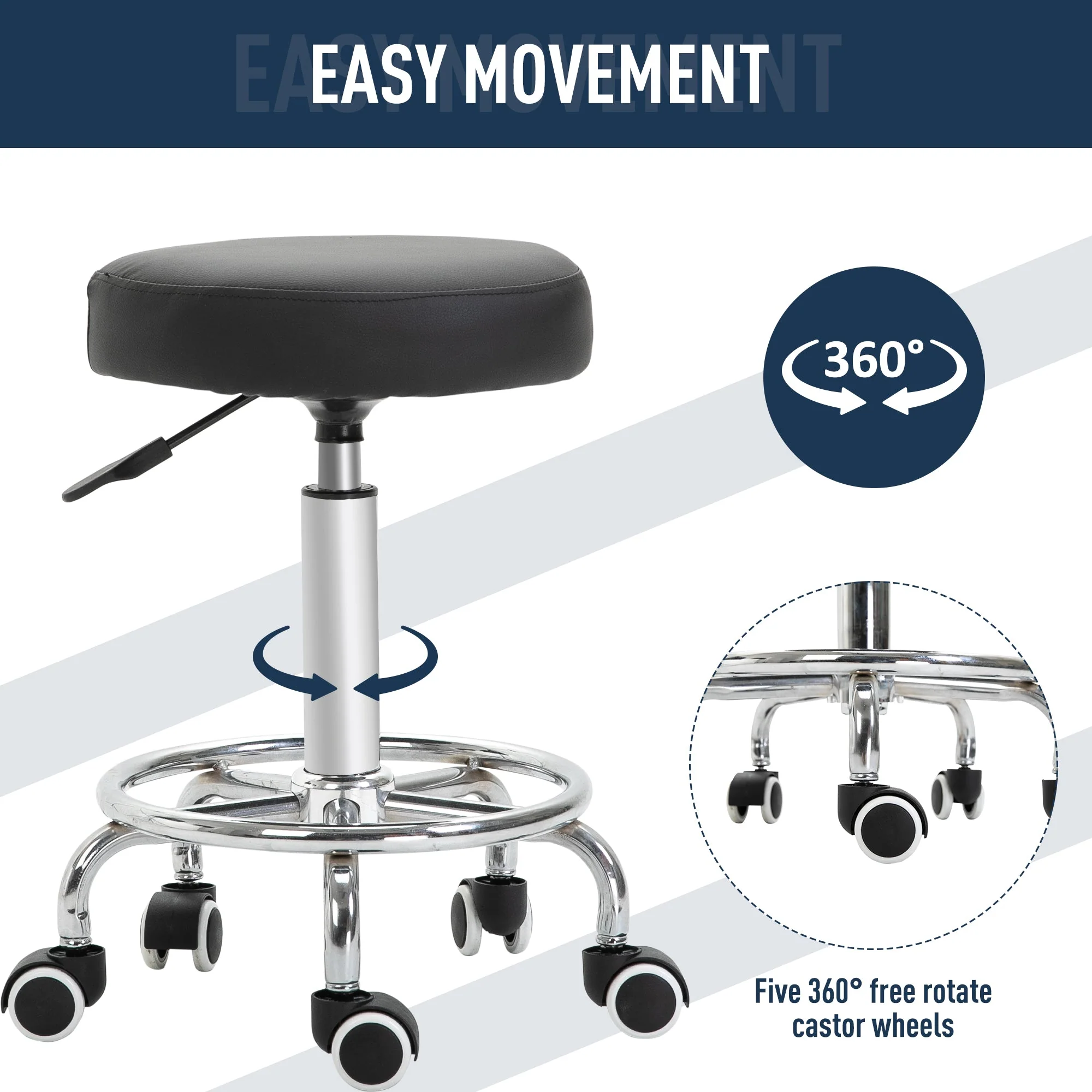 Wheeled Salan Stool Adjustable Height Steel Framed Black by Vinsetto - Image 5