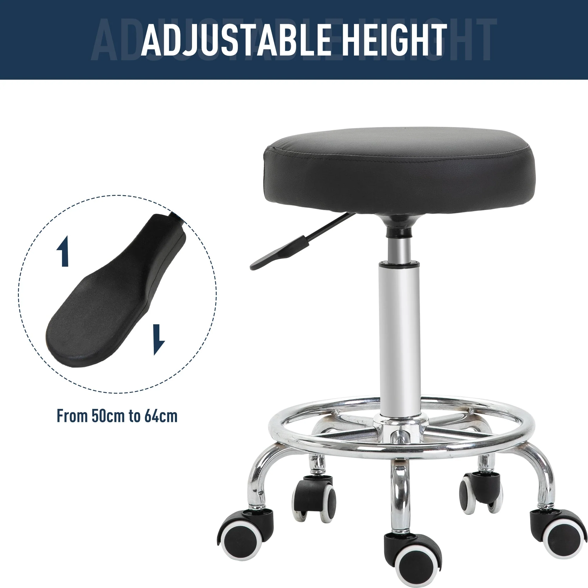Wheeled Salan Stool Adjustable Height Steel Framed Black by Vinsetto - Image 6