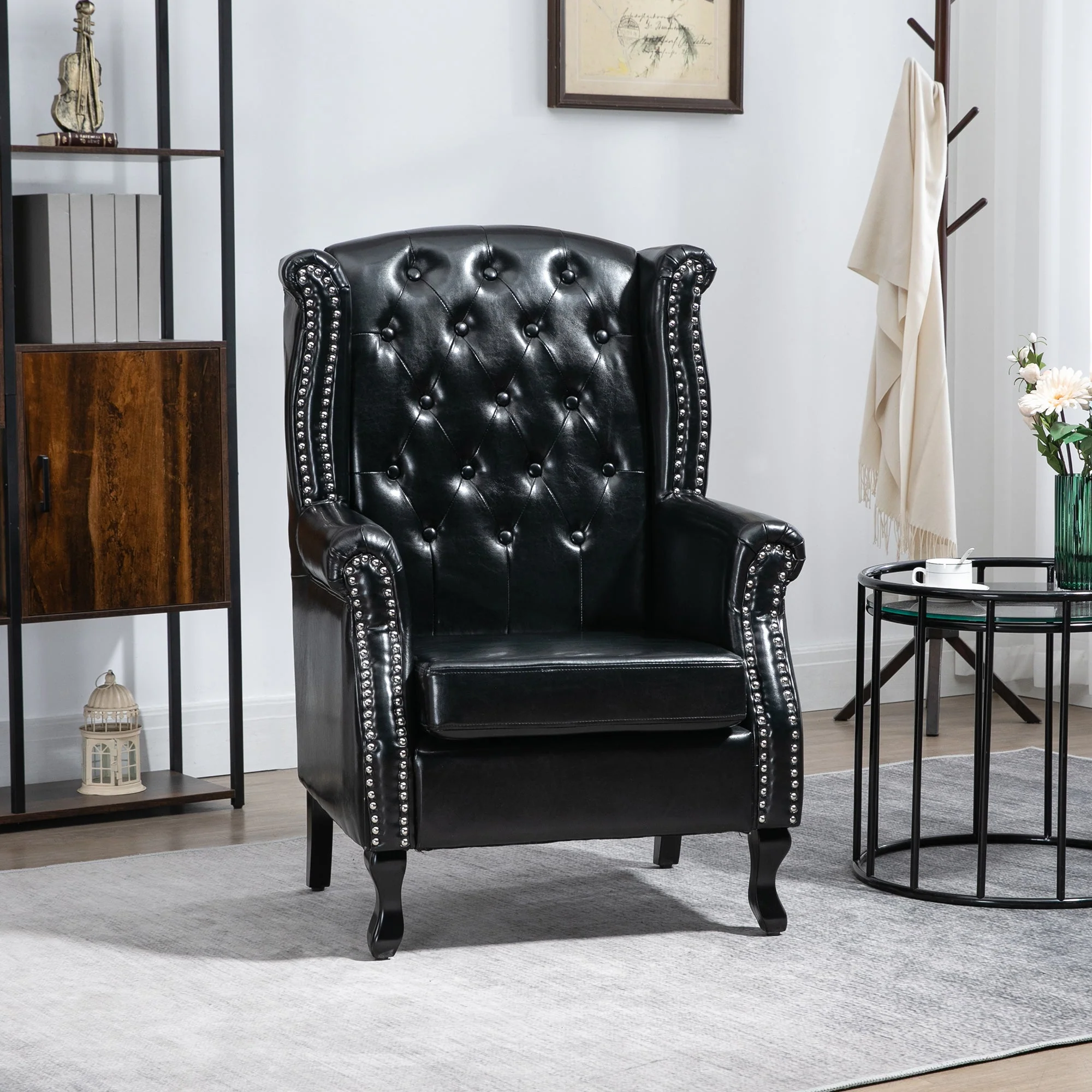 Wingback Accent Chair Tufted Chesterfield-style Armchair with Nail Head Trim for Living Room Bedroom Black - Image 2