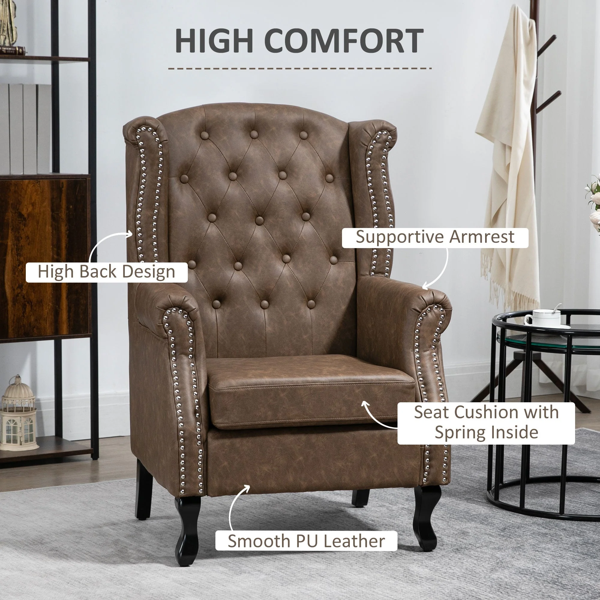 Wingback Accent Chair Tufted Chesterfield-style Armchair with Nail Head Trim for Living Room Bedroom Brown - Image 4